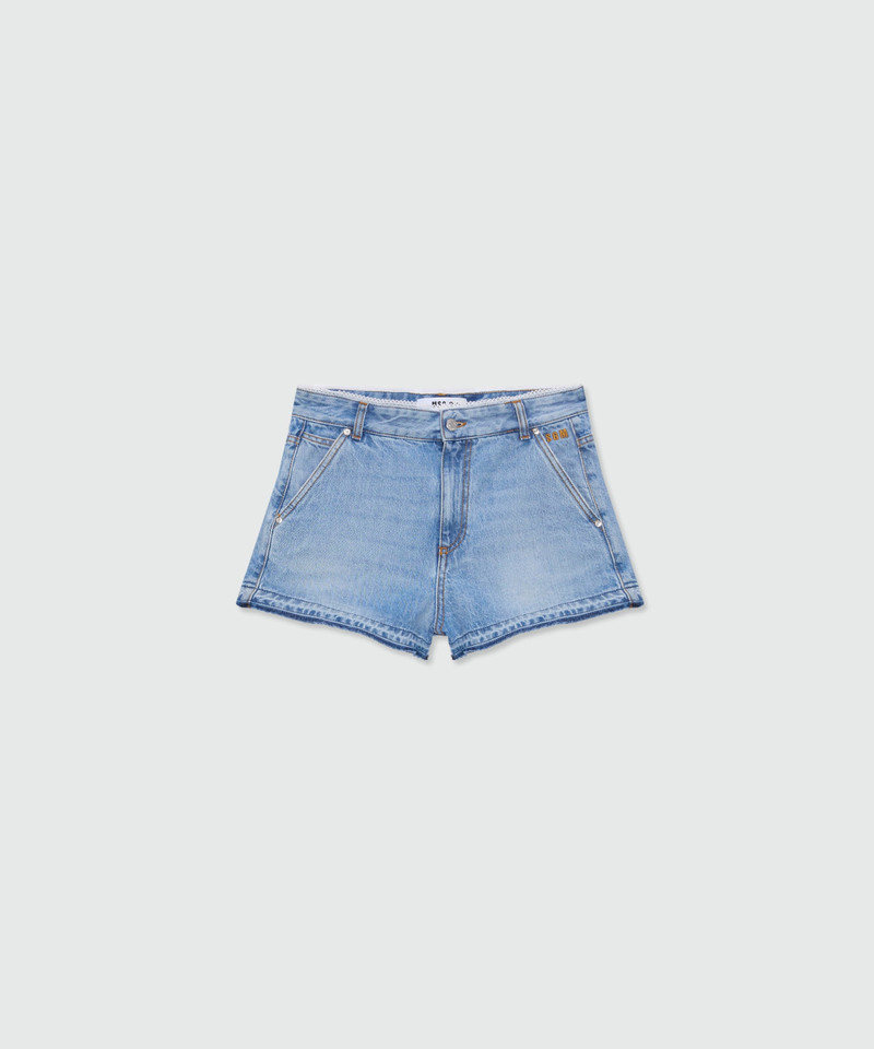 Light blue stone-washed denim shorts with lace detail at the waist 1