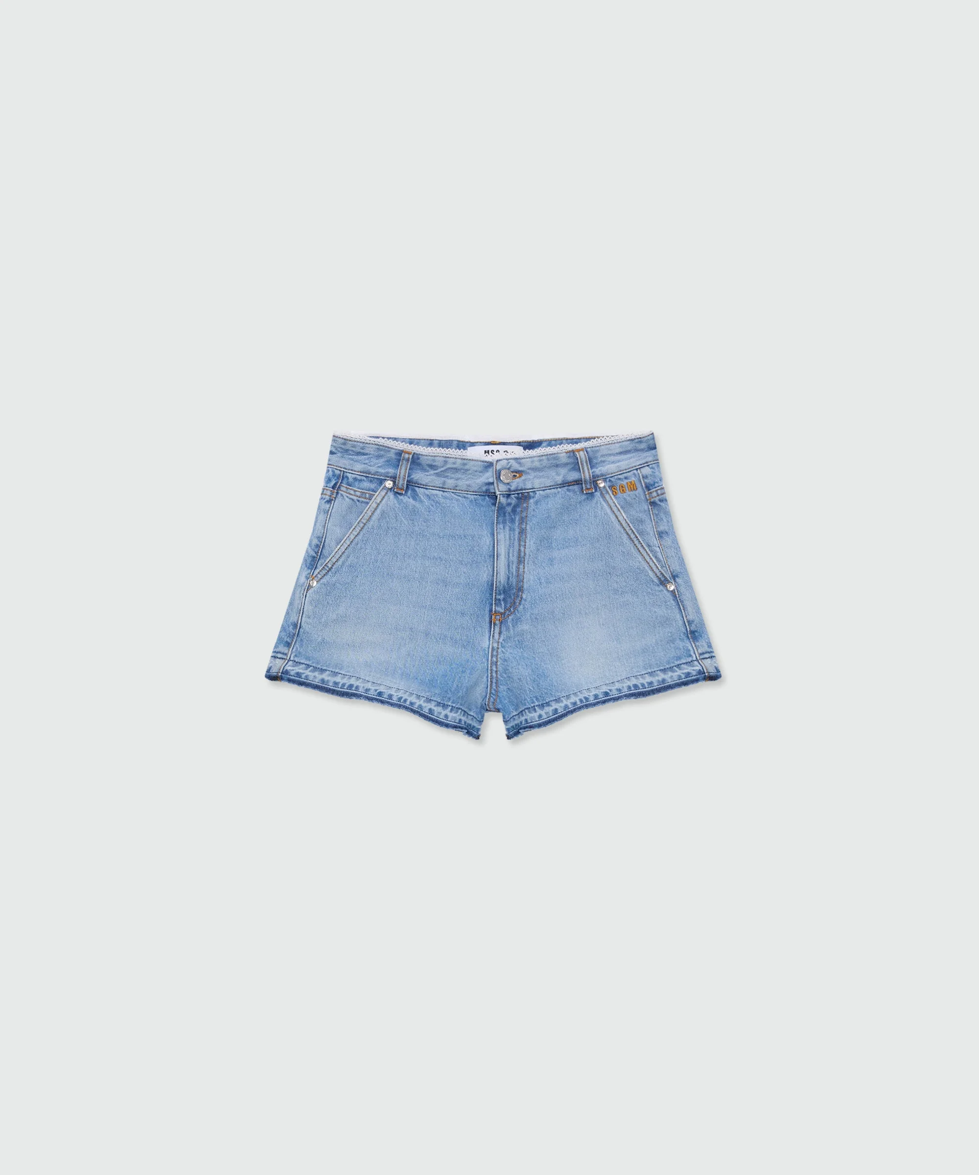 Light blue stone-washed denim shorts with lace detail at the waist - 1