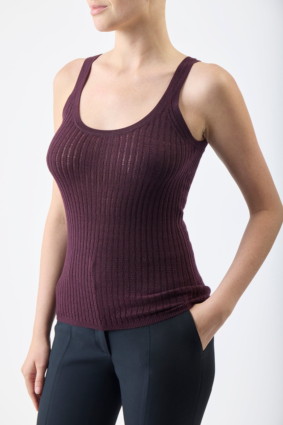 Nevin Pointelle Tank in Deep Bordeaux Silk Cashmere - 5