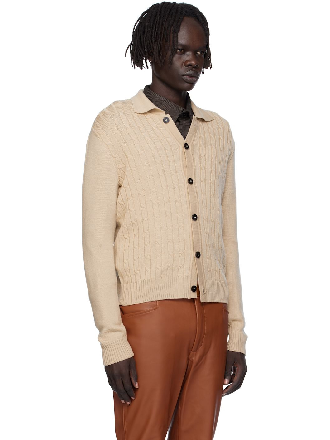 Beige Cable-Knit Polo Cardigan - 2