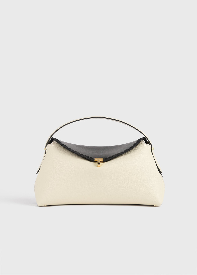 T-lock embroidered leather top handle black/milk 1