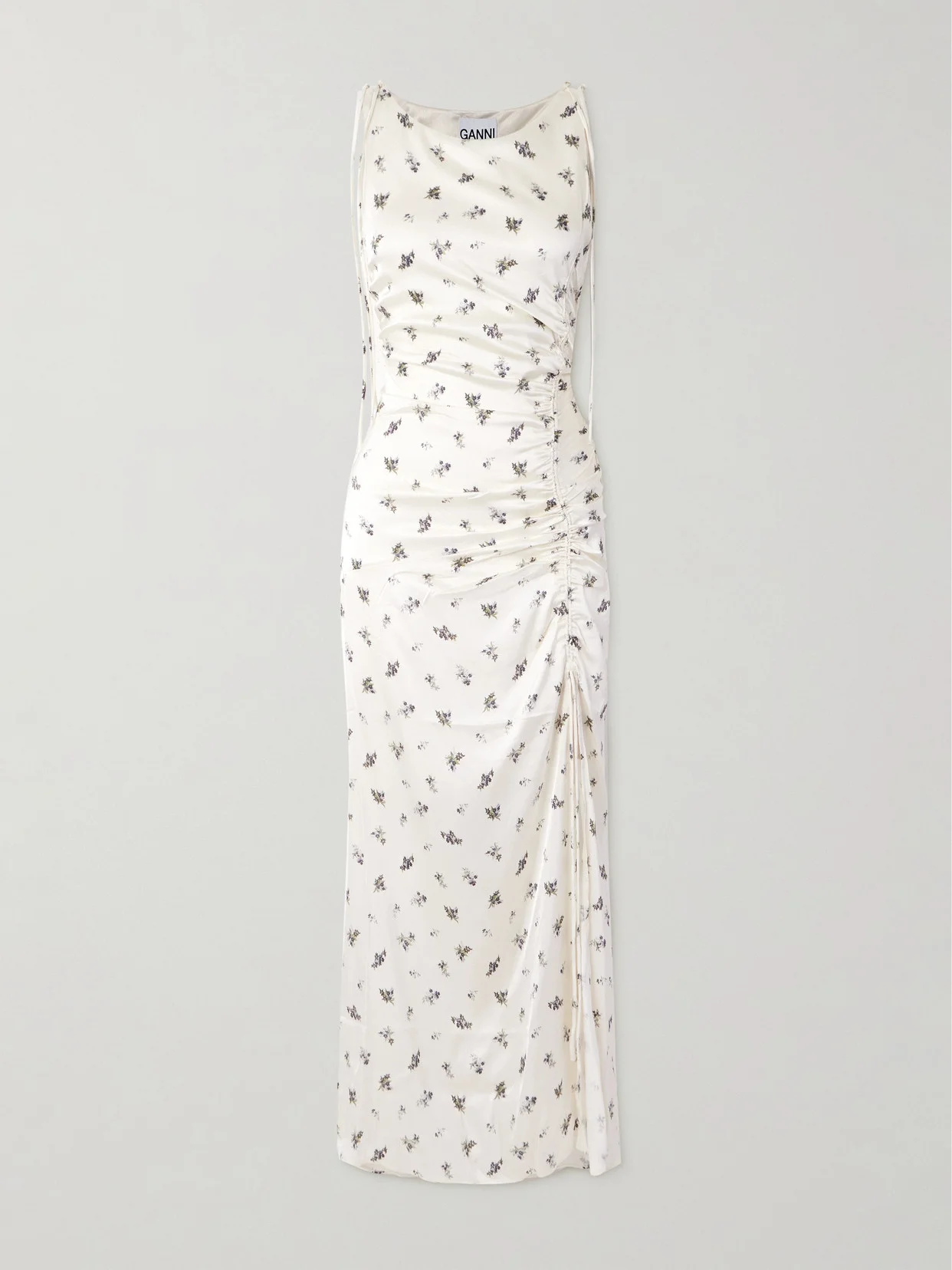 Gathered Tie-detailed Floral-print Satin Midi Dress - 1