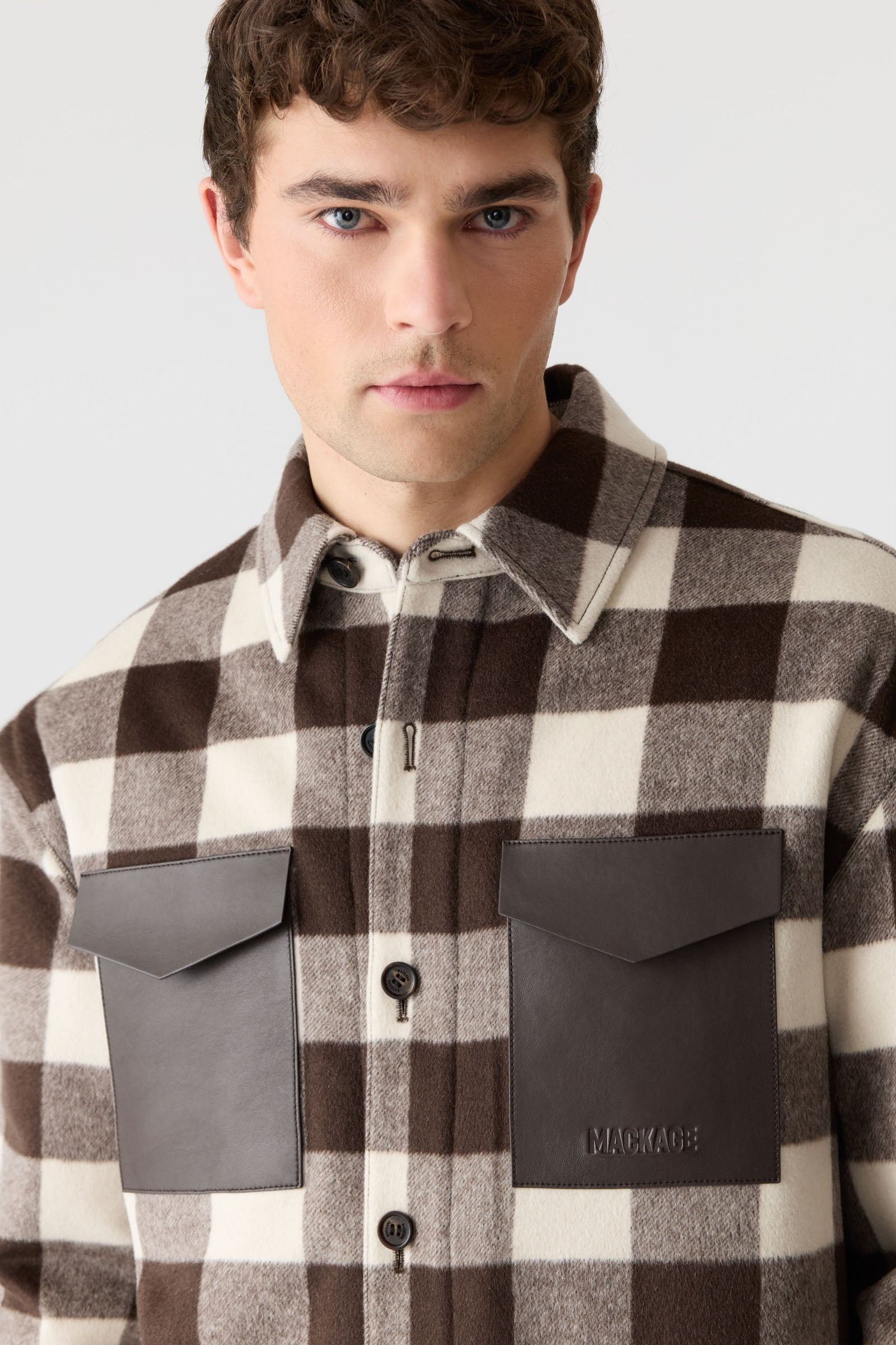 RYKER-PL Plaid Wool Overshirt With Leather Pocket - 5