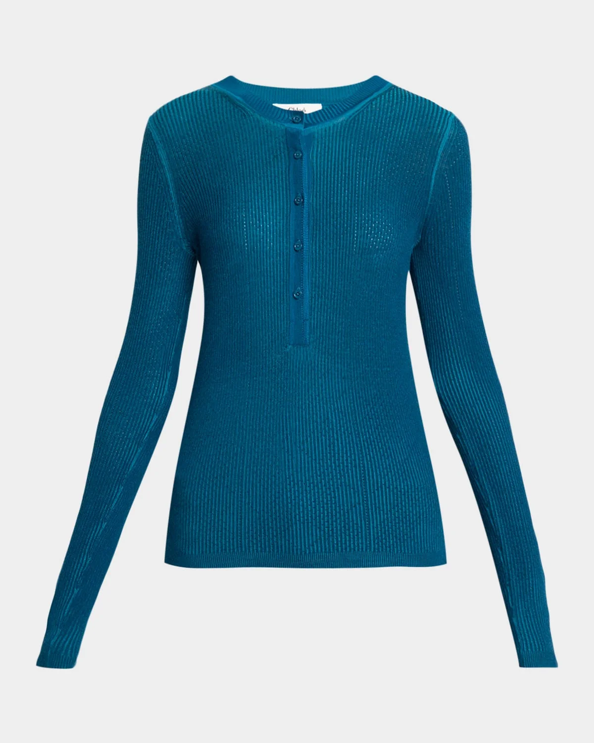 Ribbed Knit Long-Sleeve Henley Sweater - 1