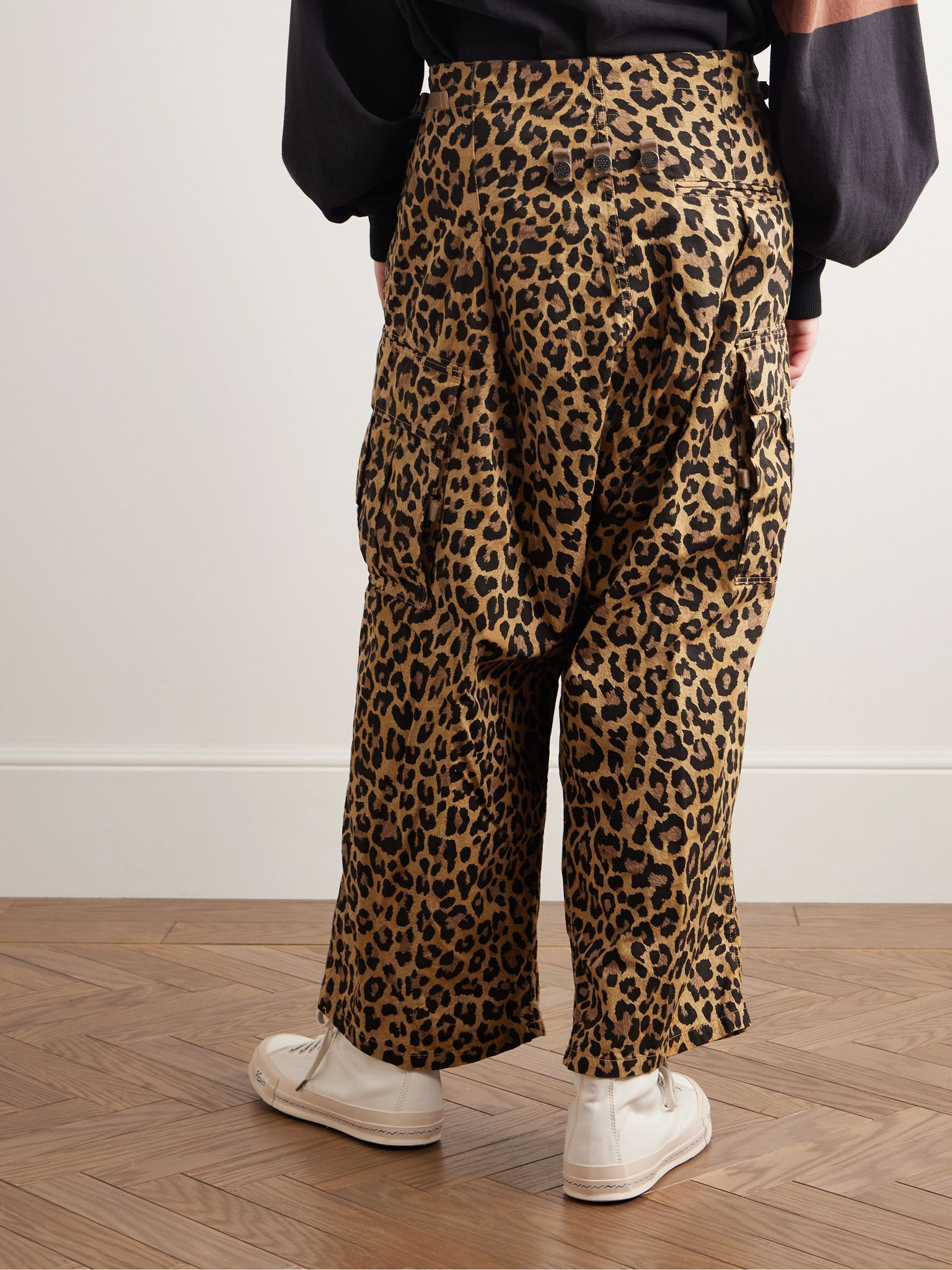 Wide-Leg Leopard-Print Herringbone Cotton Cargo Trousers Leopard print - 4