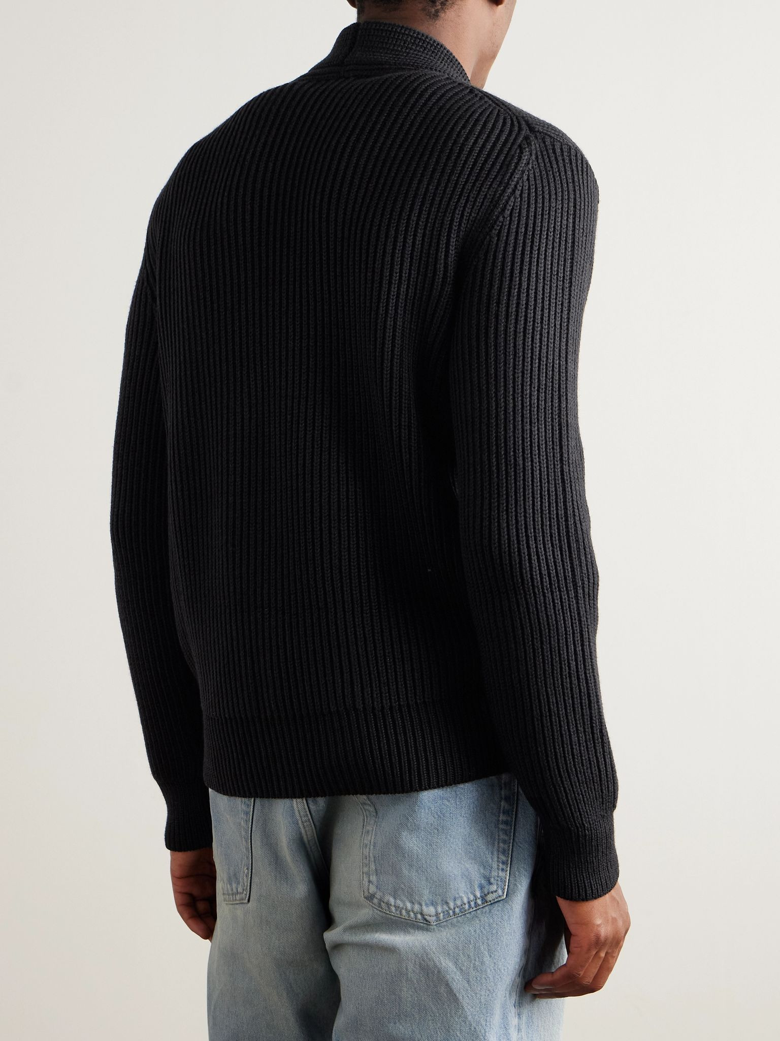 Shawl-Collar Double-Breasted Ribbed Wool and Silk-Blend Cardigan Black - 4