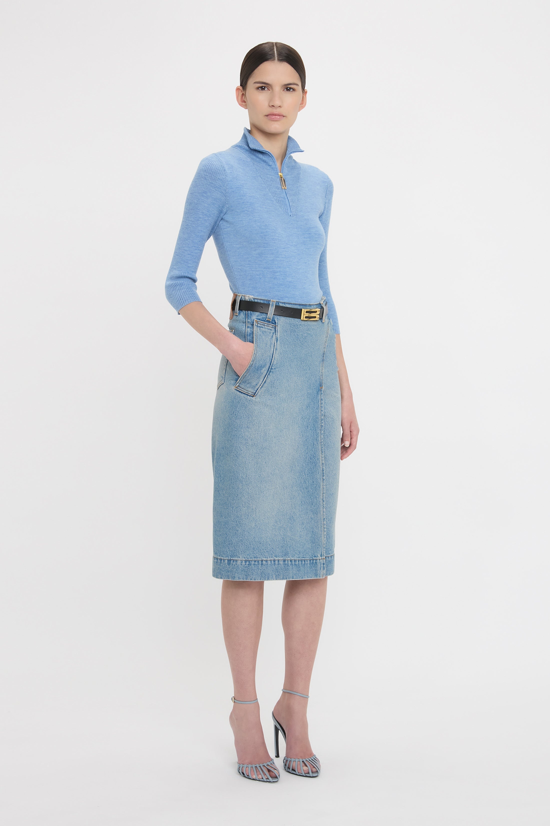 Denim Wrap Detail Skirt In Pale Blue Wash - 3