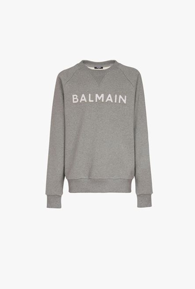 Heather gray eco-designed cotton sweatshirt with gray Balmain logo appliqué 1