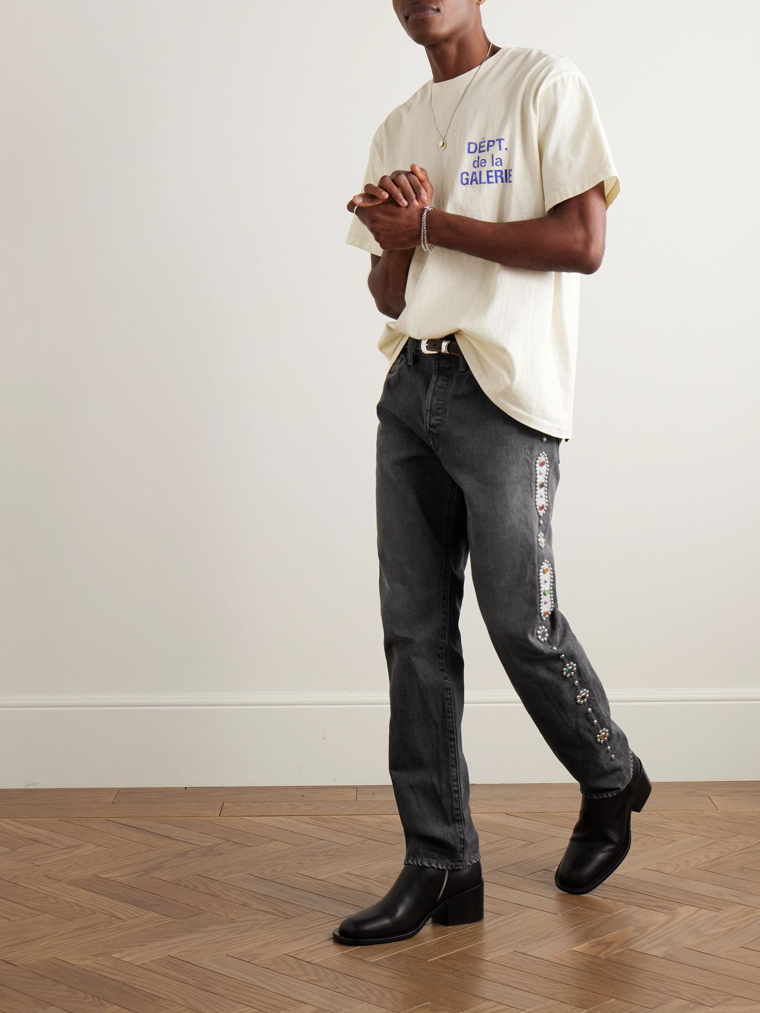 Monkey CISCO Straight-Leg Embellished Leather-Trimmed Jeans Gray - 2