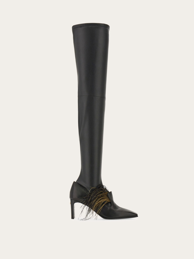 Knee high boot with detachable feathers 1
