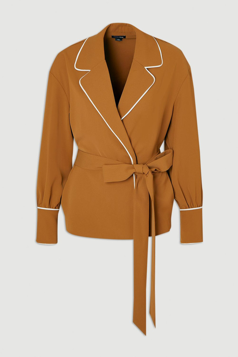 Plus Size Contrast Tipping Tie Waist Woven Trench Jacket 4