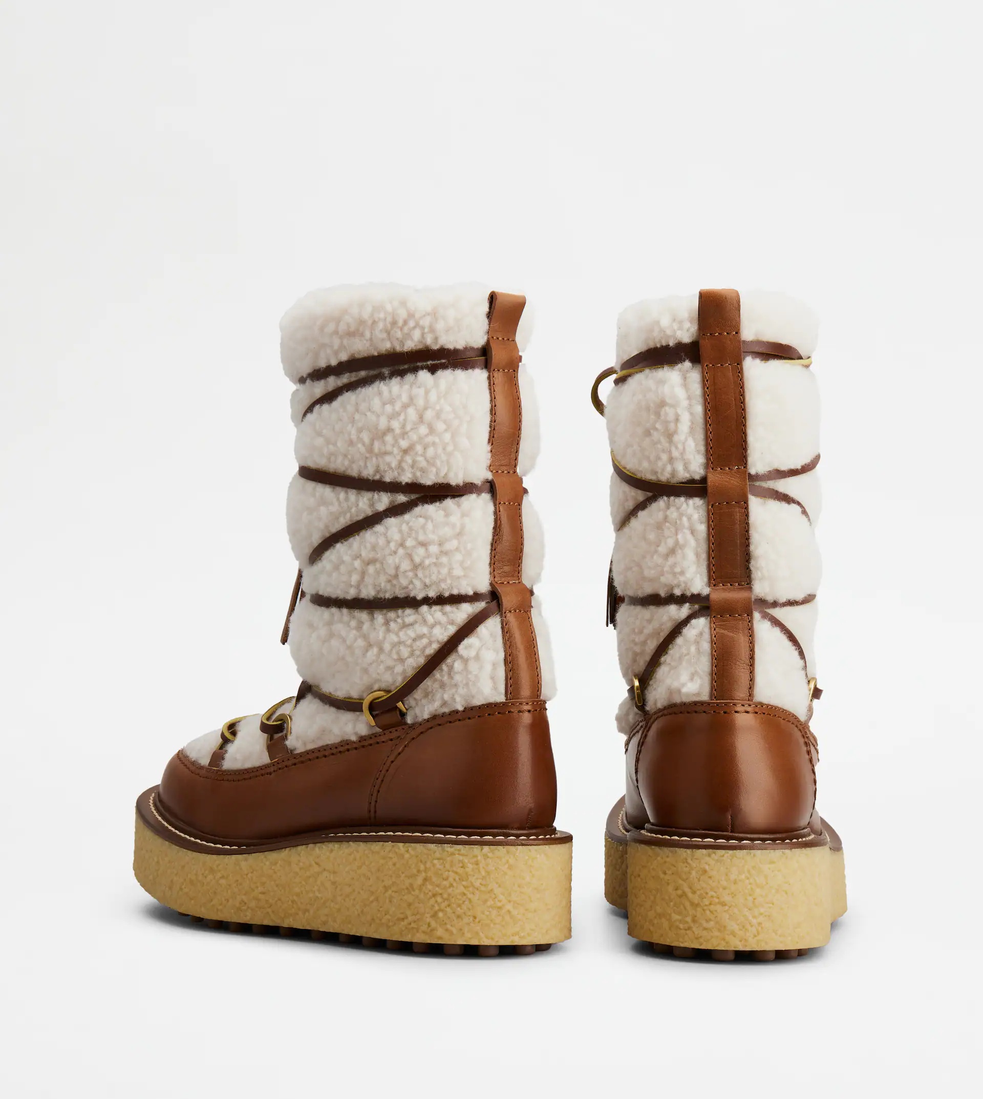 PLATFORM ANKLE BOOTS IN LEATHER AND WOOL - BROWN, OFF WHITE - 3