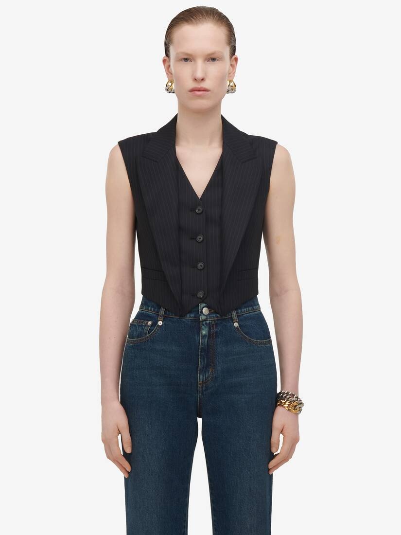 Alexander McQueen Women s Pinstripe Waistcoat in Navy REVERSIBLE