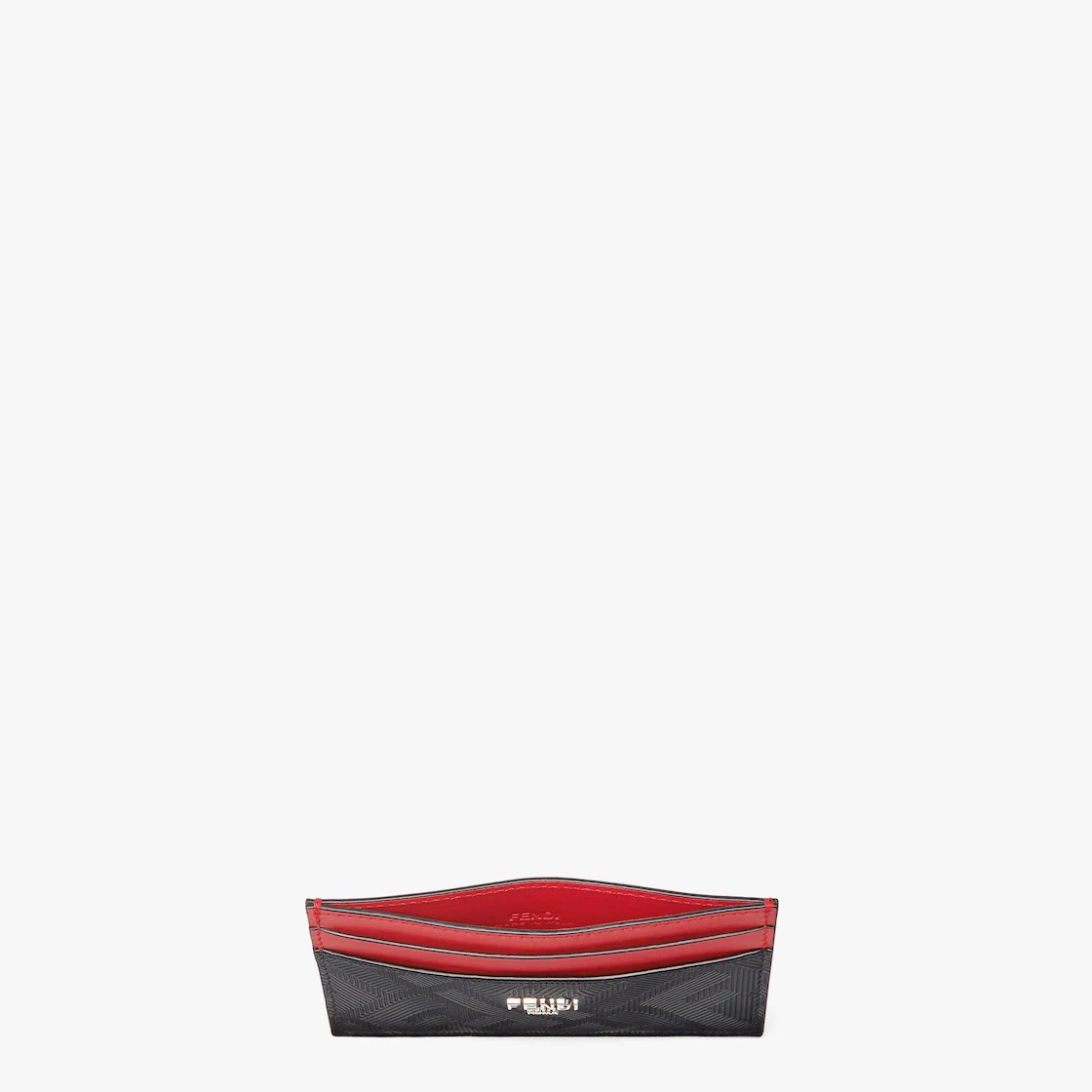 Black leather card holder with embossed FF print and metal FENDI ROMA lettering. Red leather details - 3