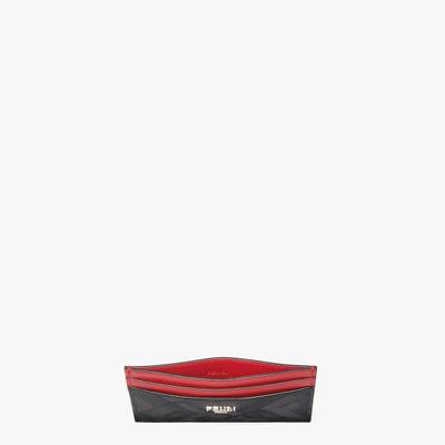 FENDI Black leather card holder with embossed FF print and metal FENDI ROMA lettering. Red leather details outlook