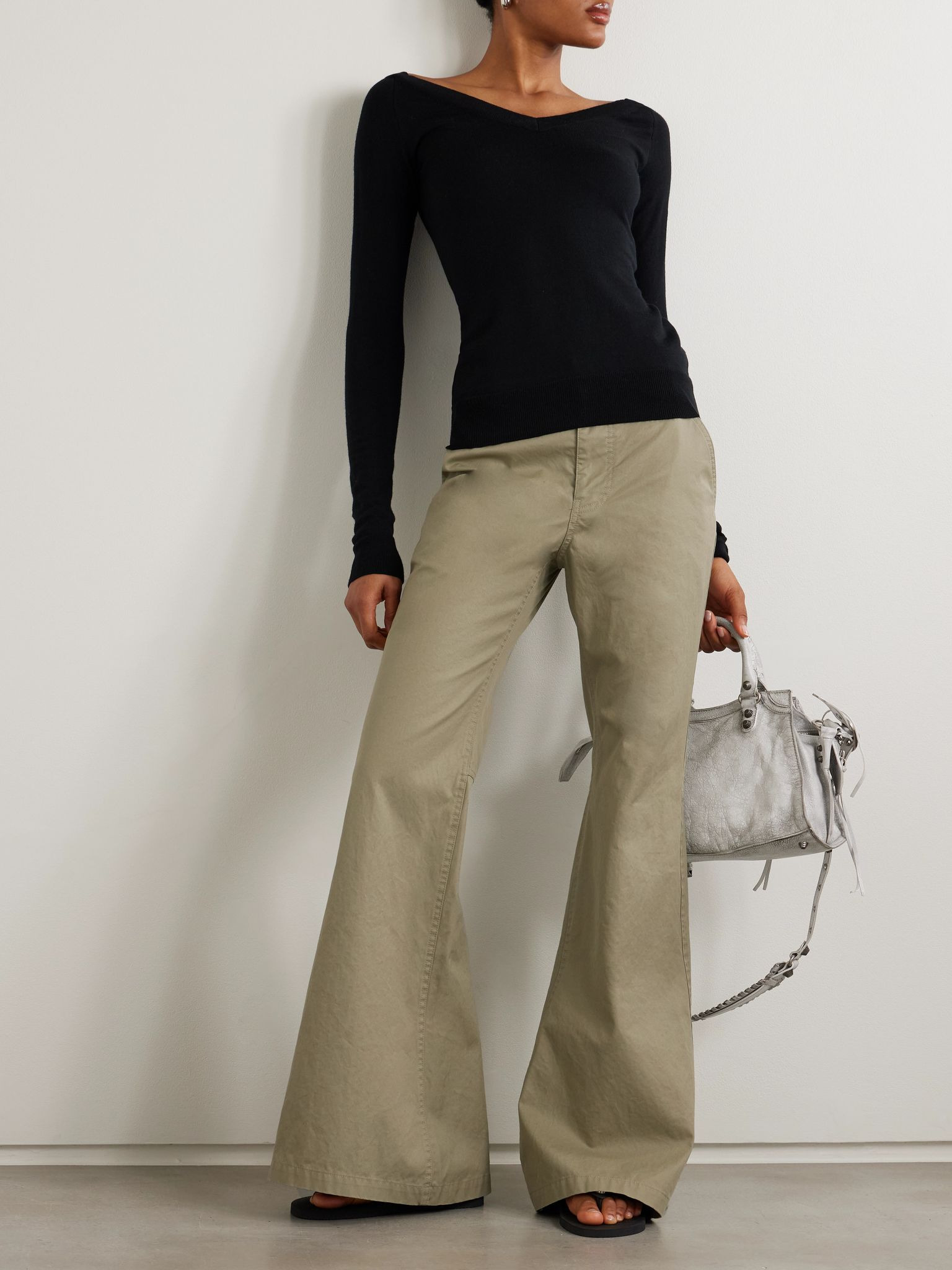 Slim-fit flared organic cotton pants Gray green - 2