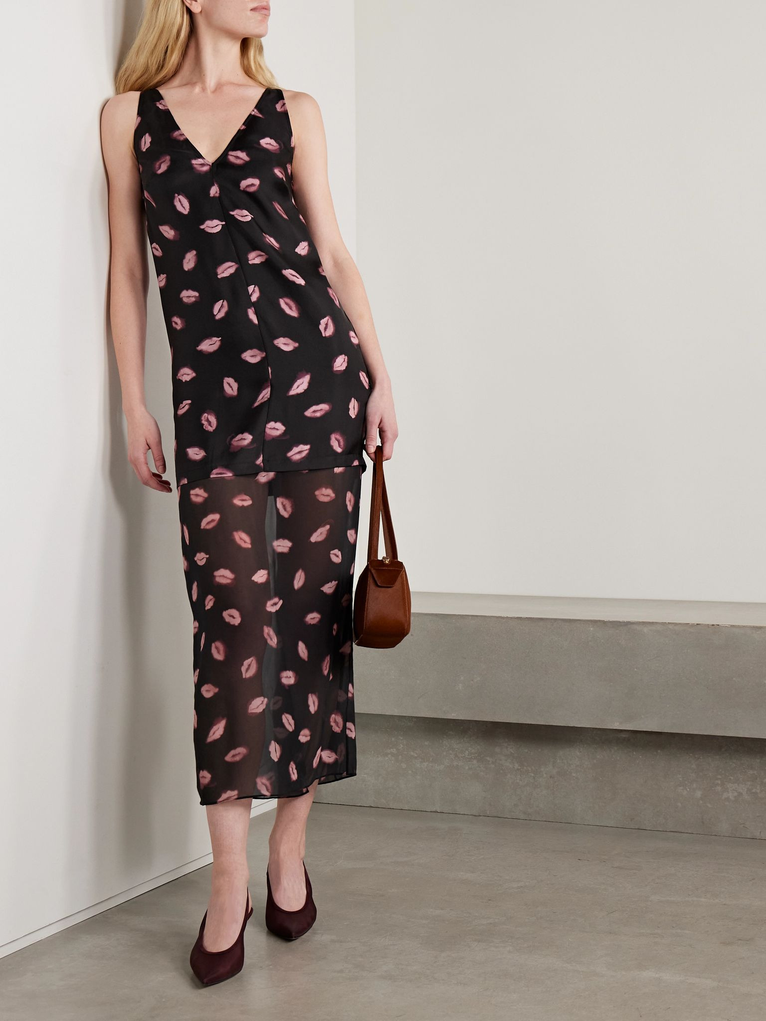 Katrin layered printed silk-twill and chiffon midi dress Black - 2