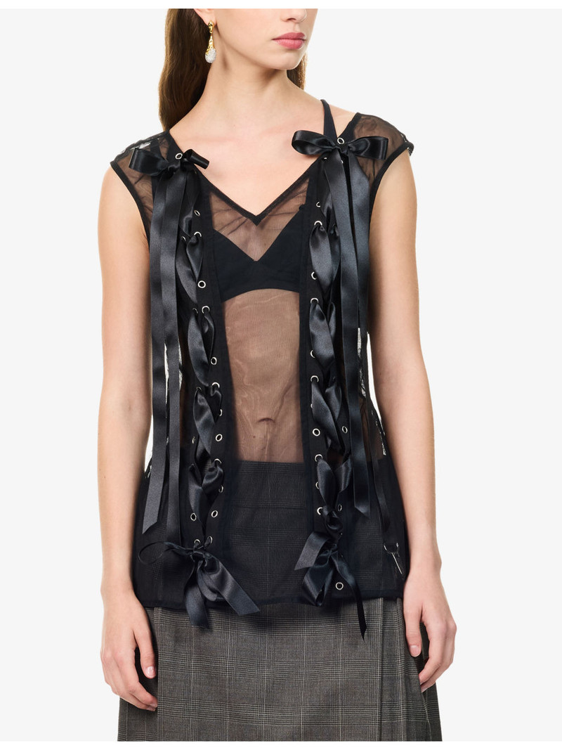 Ribbon-Embellished Semi-Sheer Mesh Top 3