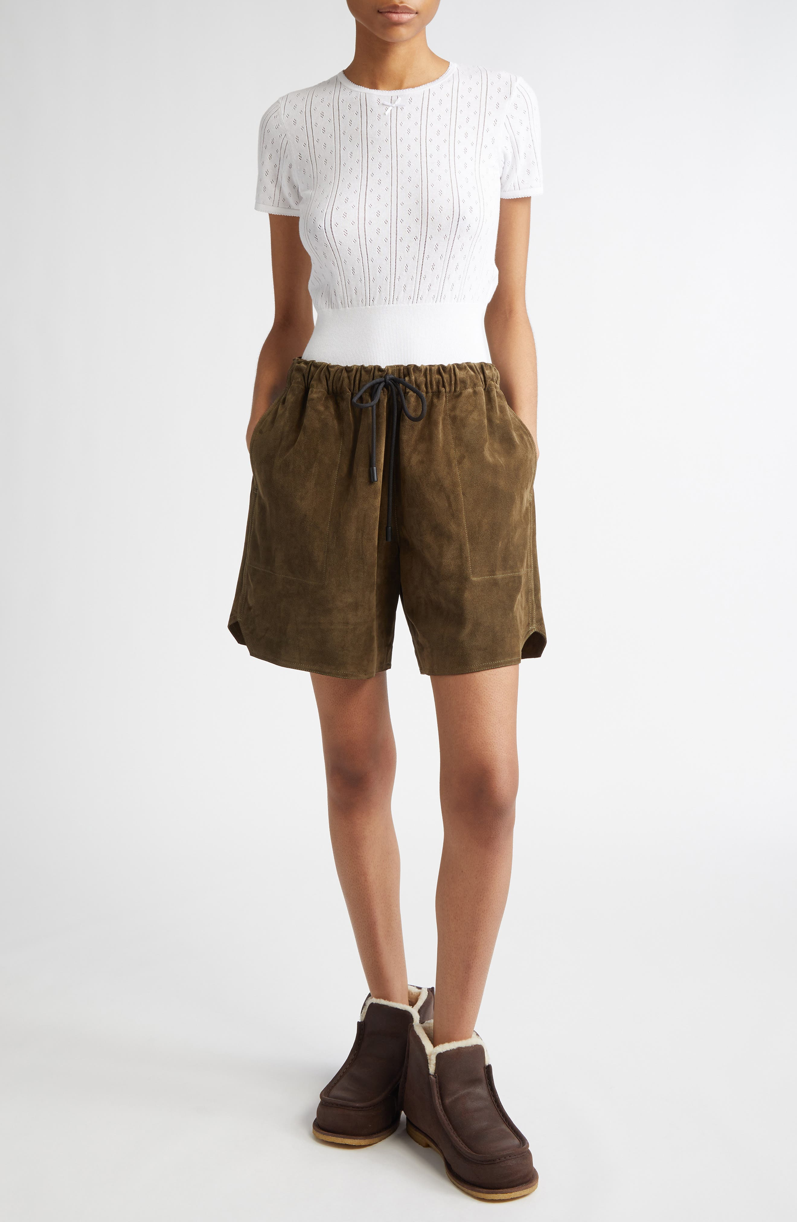 JW Anderson Suede Drawstring Waist Shorts in Khaki at Nordstrom - 2