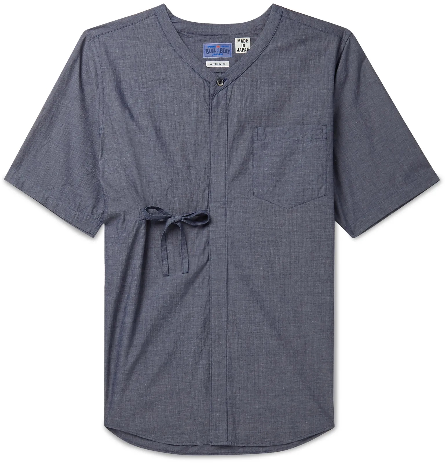 Indigo-Dyed Grandad-Collar Mélange Cotton Shirt - 1