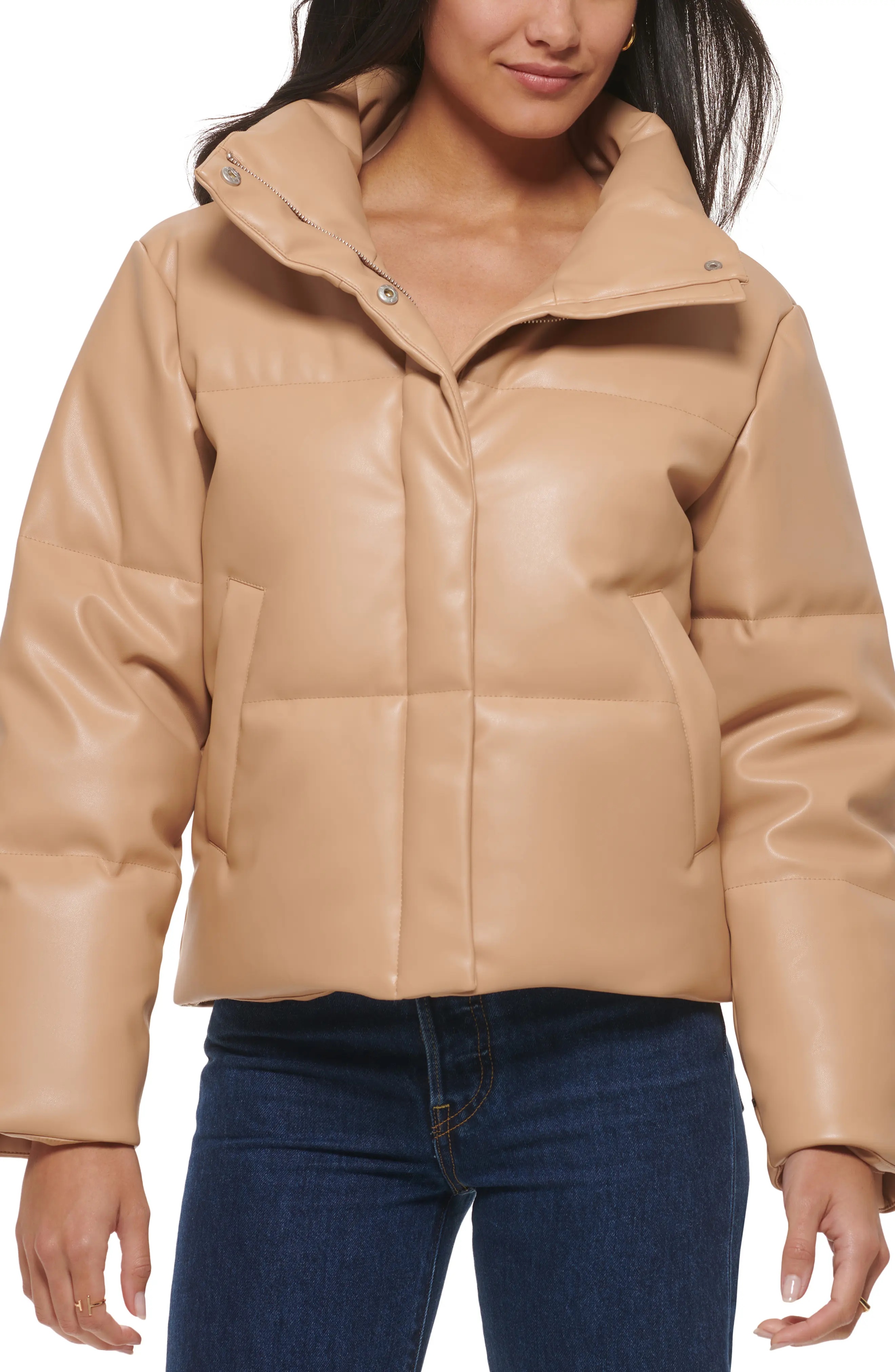 Water Resistant Faux Leather Puffer Jacket - 1