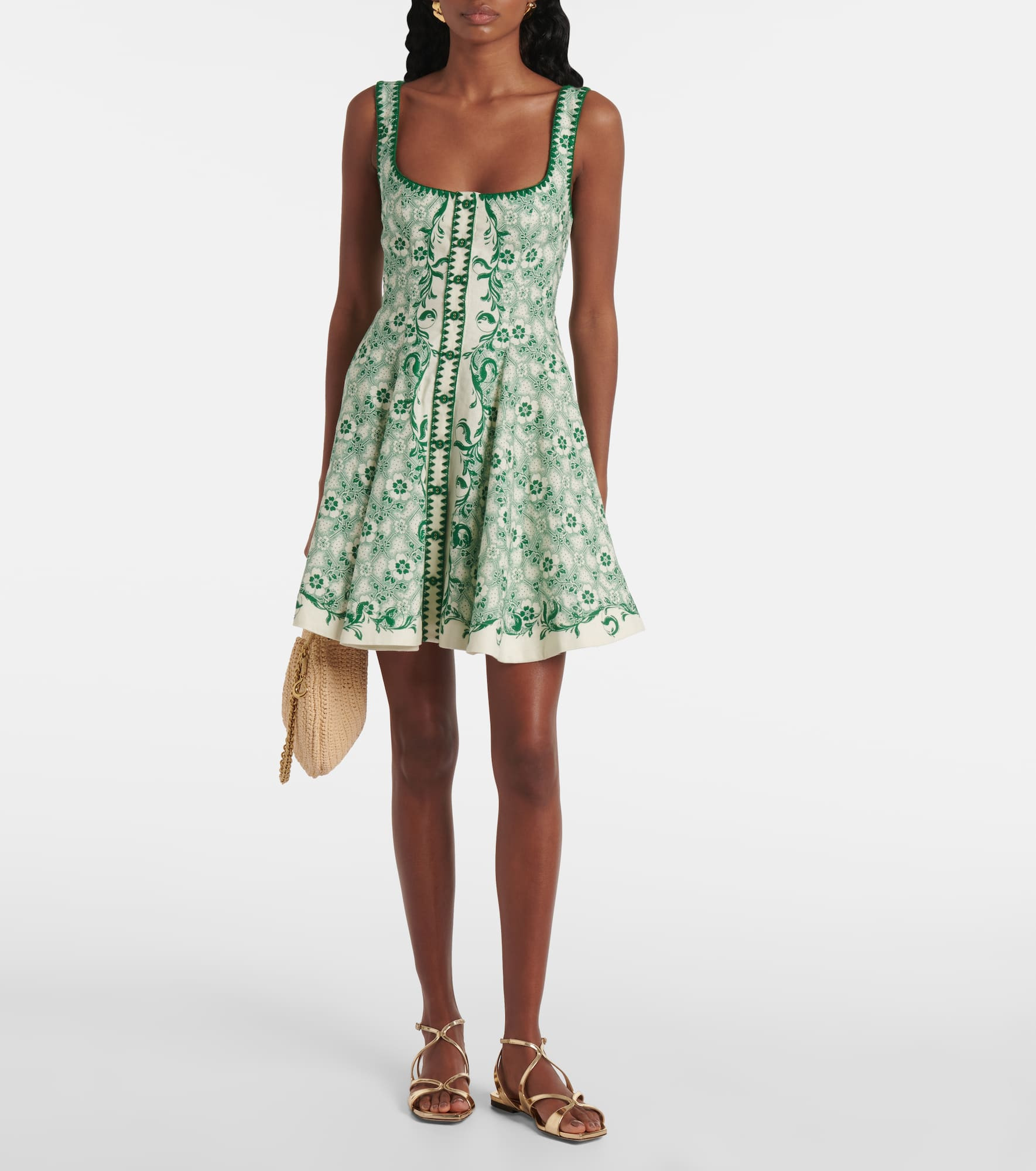 Olive printed linen and cotton minidress - 2