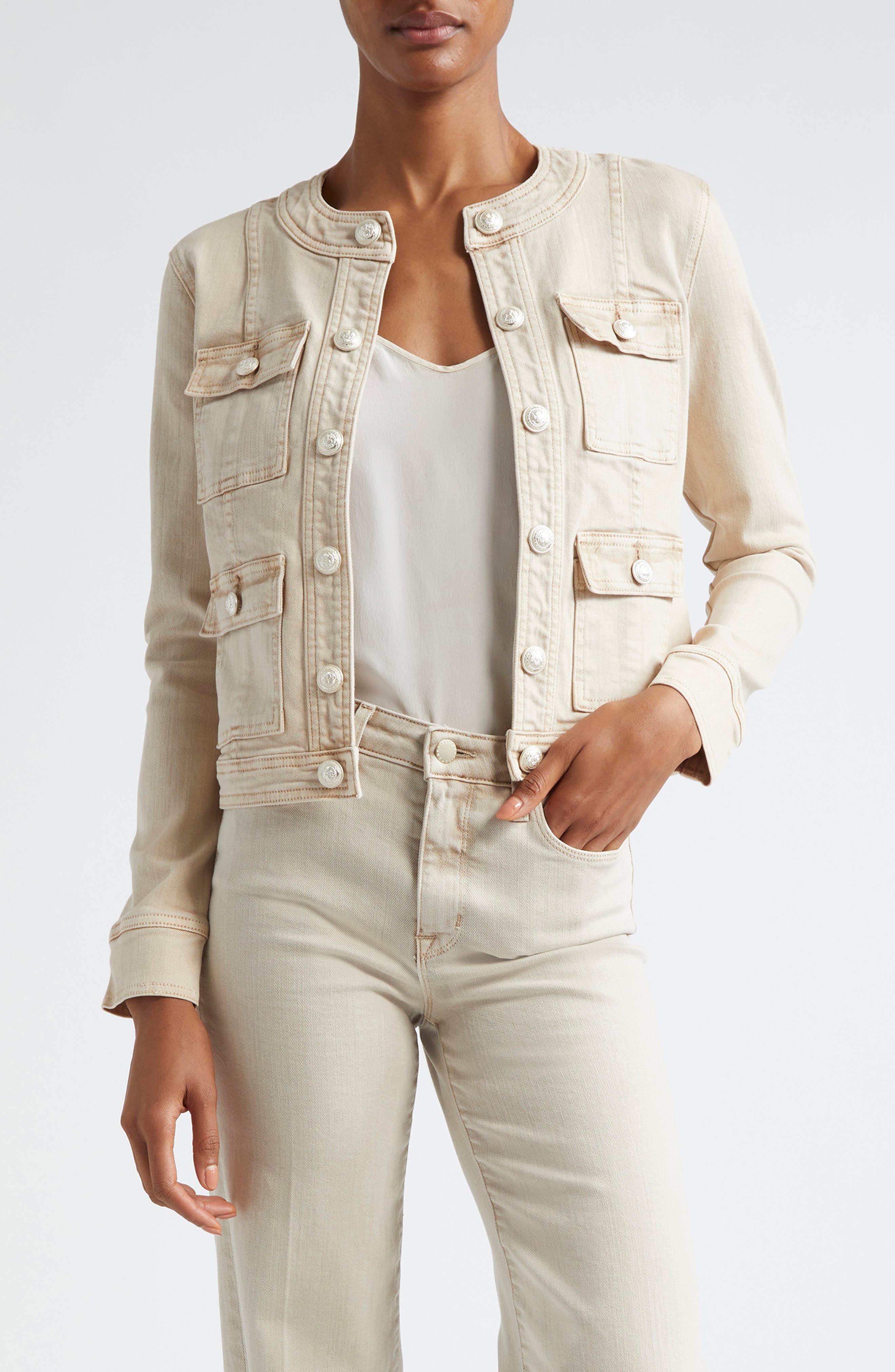 L'AGENCE Yari Collarless Stretch Cotton Jacket in Biscuit at Nordstrom - 1