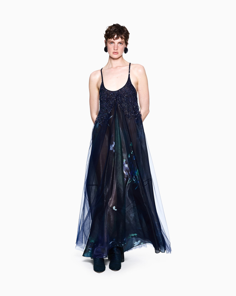 LONG DRESS IN EMBROIDERED FABRIC AND PRINTED SILK 2