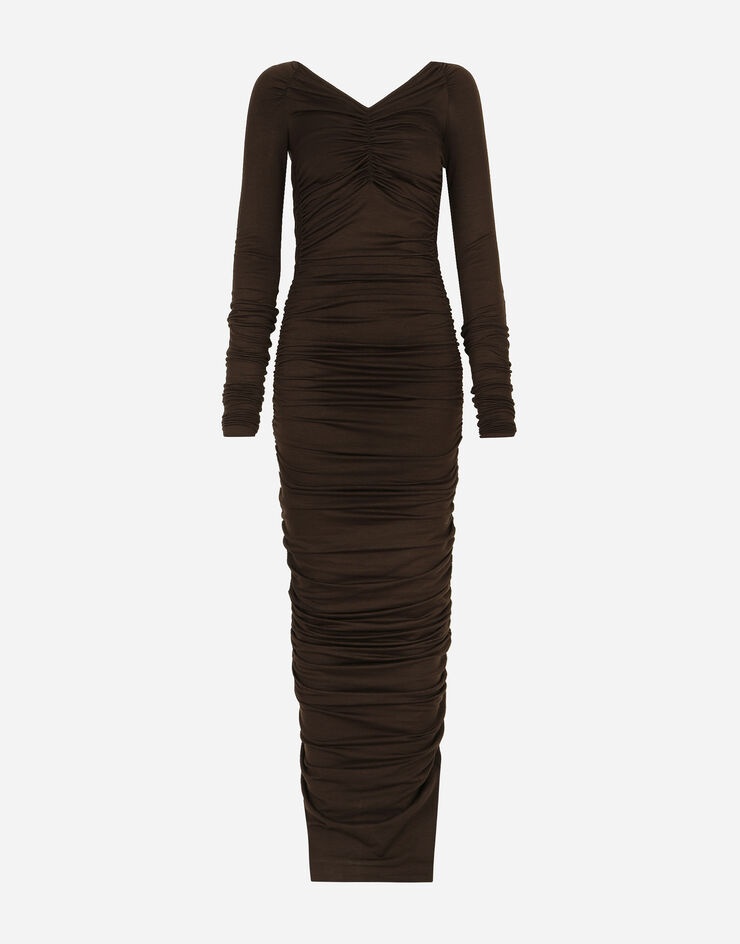 V-neck calf-length dress in wool jersey - 1