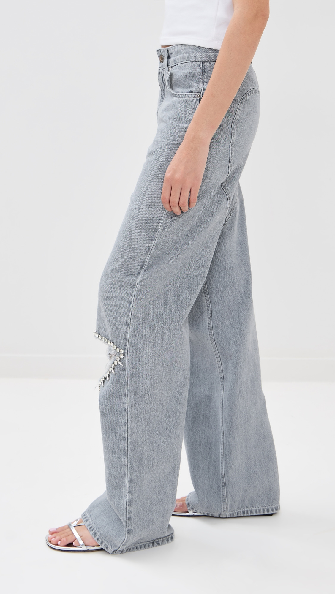 Distressed Crystal Relaxed Slit Jeans - 4