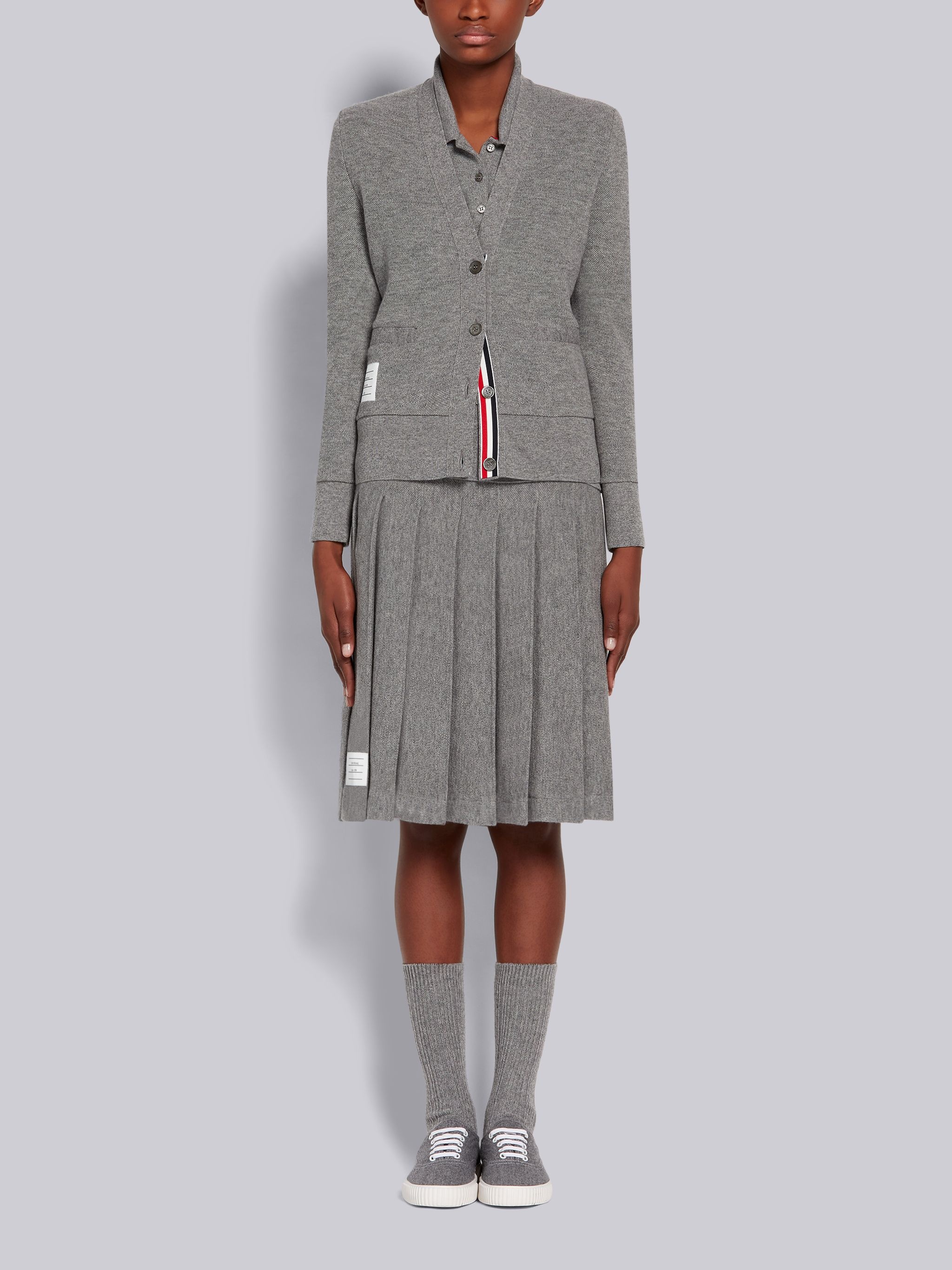 Light Grey Cashmere Pique Pleated Below-the-Knee Skirt - 4