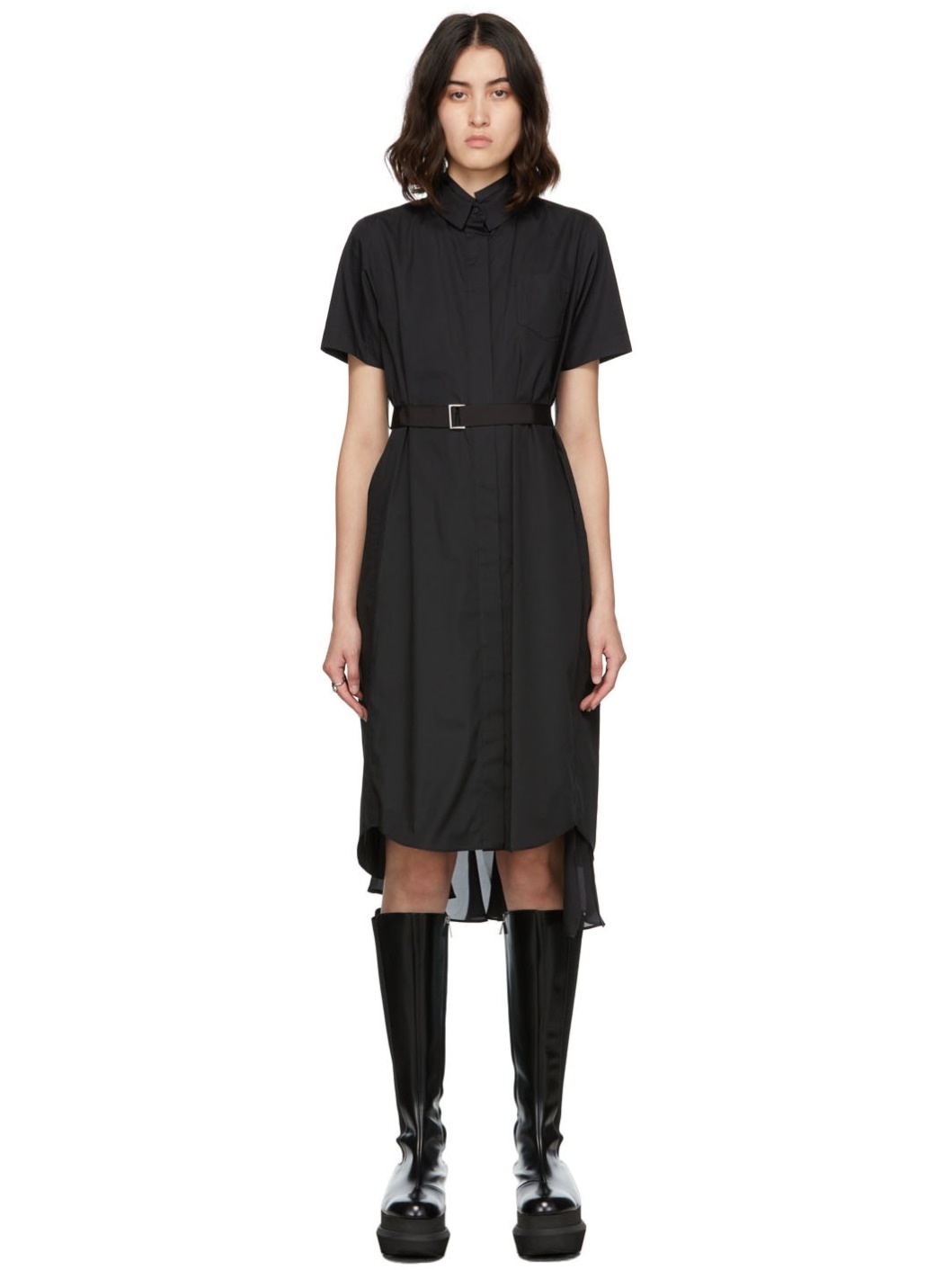 Black Cotton Poplin x Satin Dress - 1