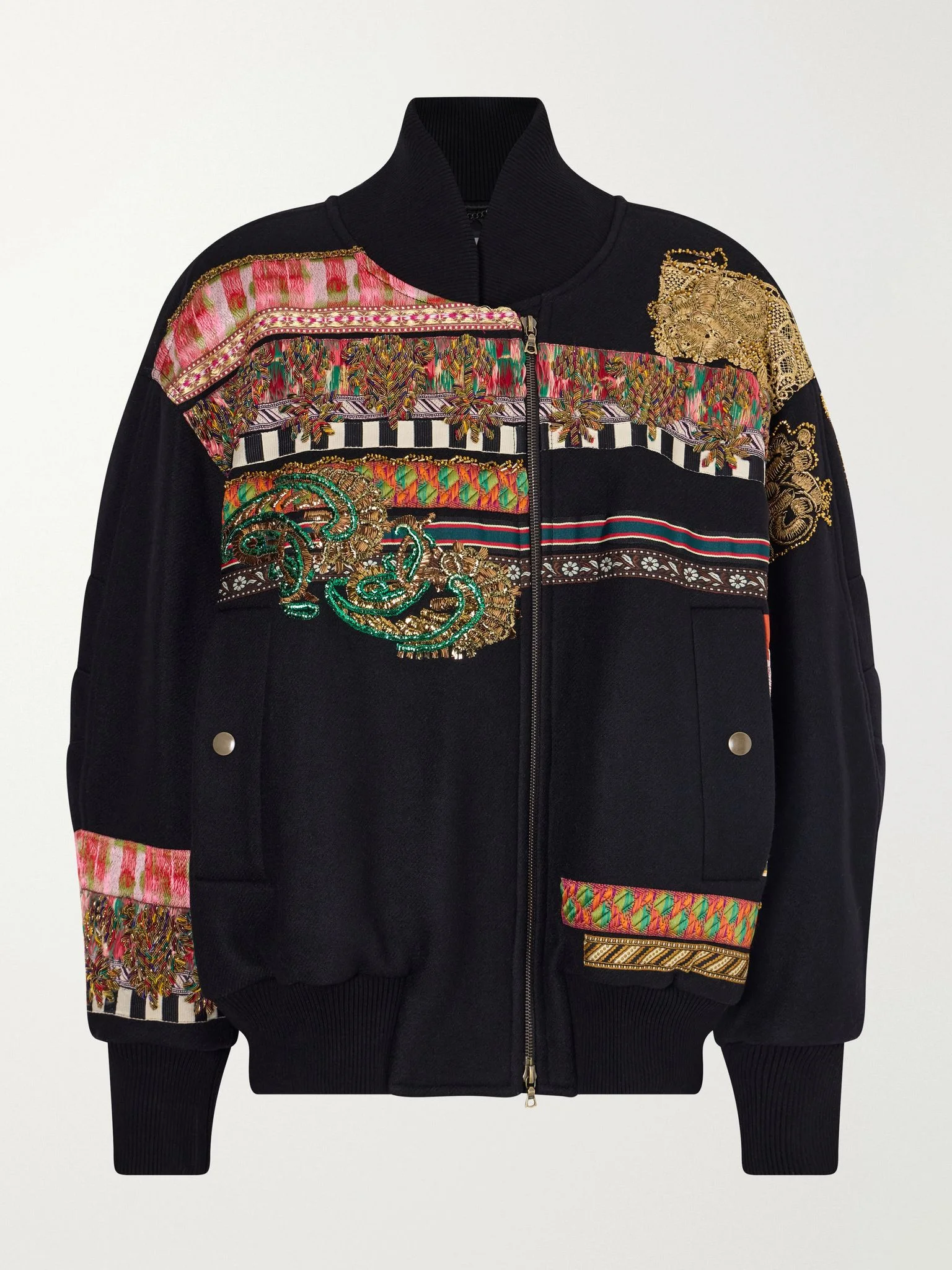 Embroidered embellished rib-trimmed wool-blend twill bomber jacket Multi - 1