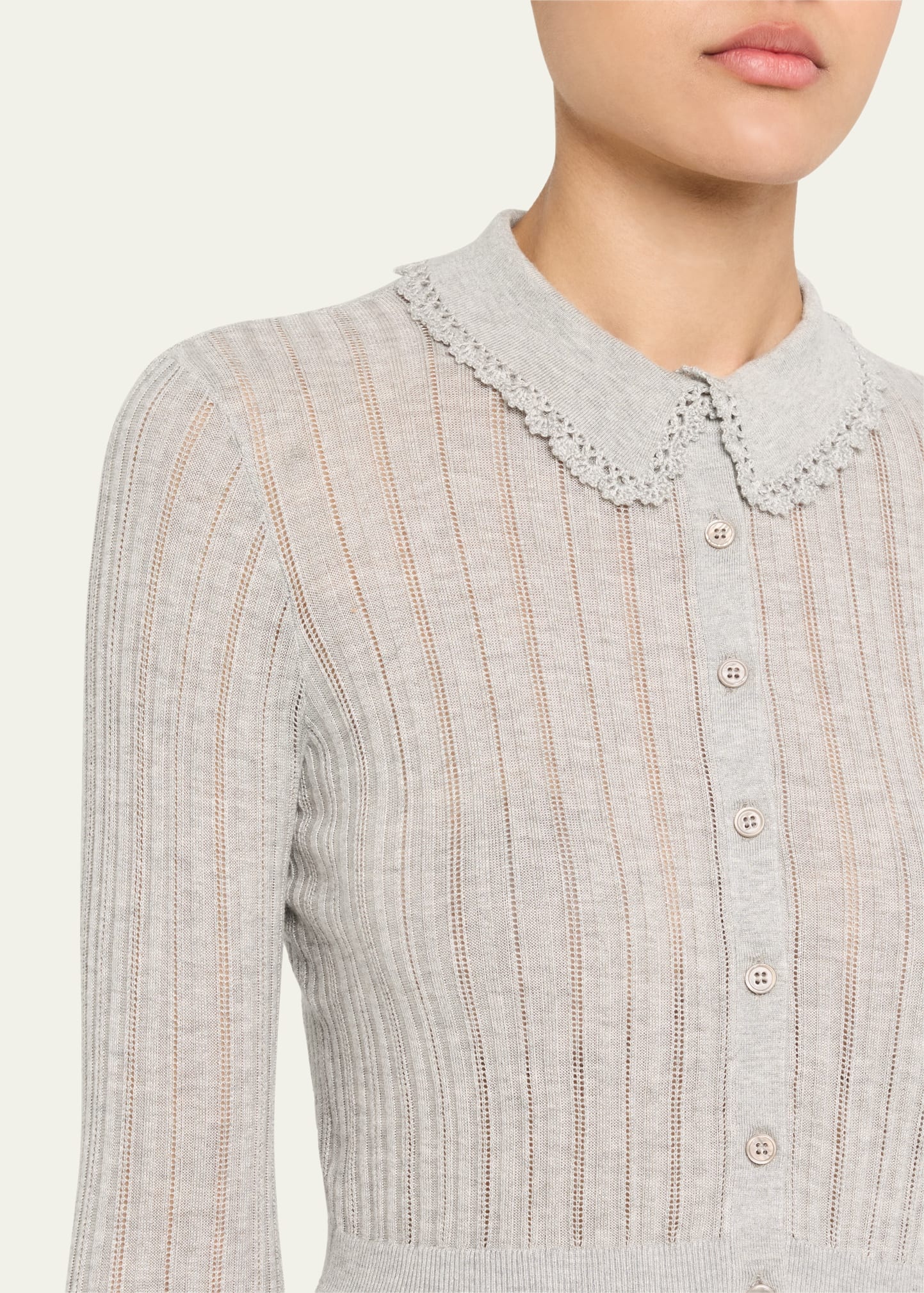 Lottie Collared Cropped Pointelle Knit Cardigan - 5