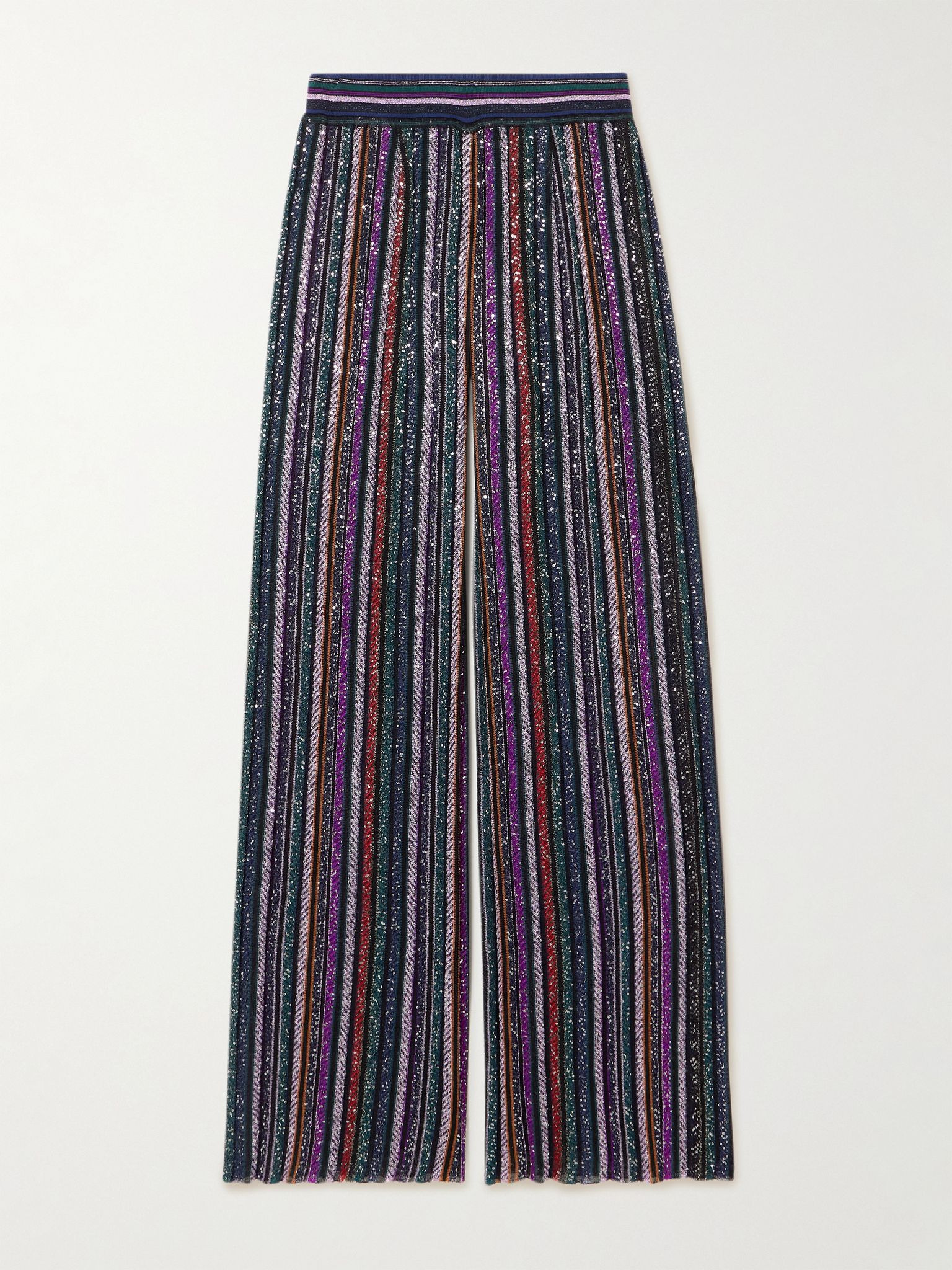 Sequined striped metallic crochet-knit wide-leg pants Black - 1