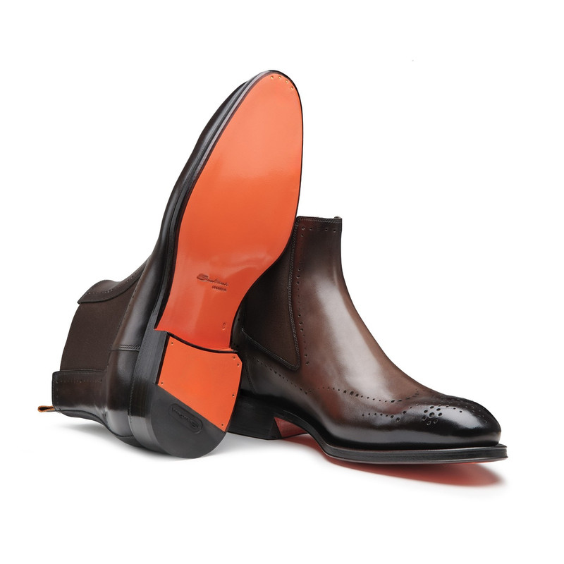 Santoni Men’s brown leather Chelsea brogue boot outlook