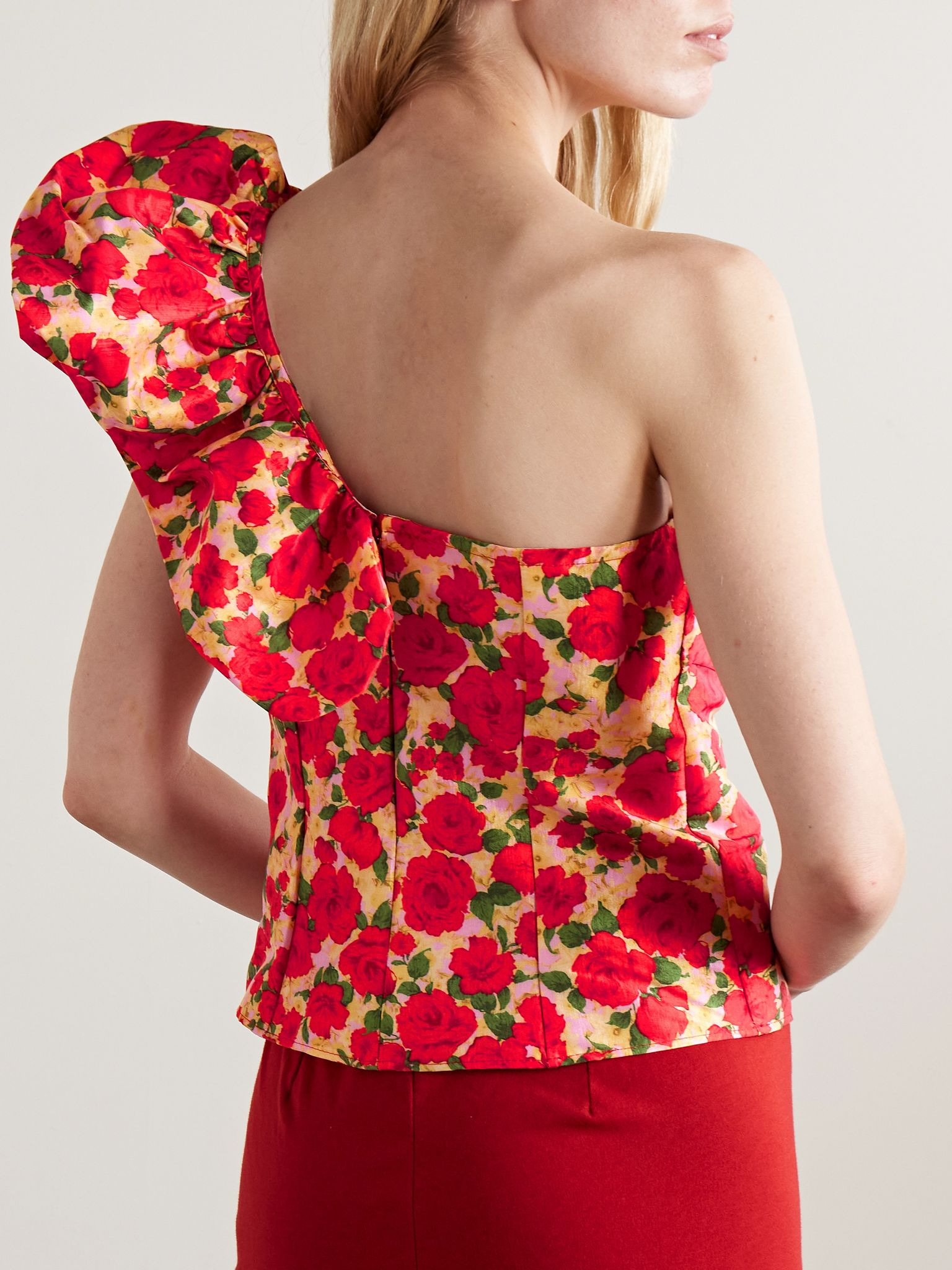 Yazmeen one-shoulder ruffled floral-print taffeta top Red - 4