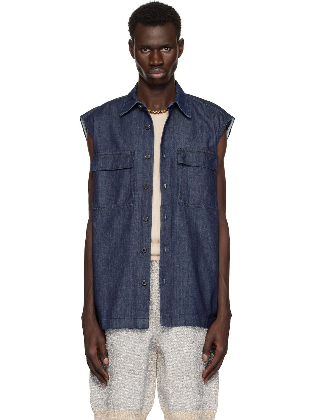 Navy Sleeveless Denim Shirt - 1