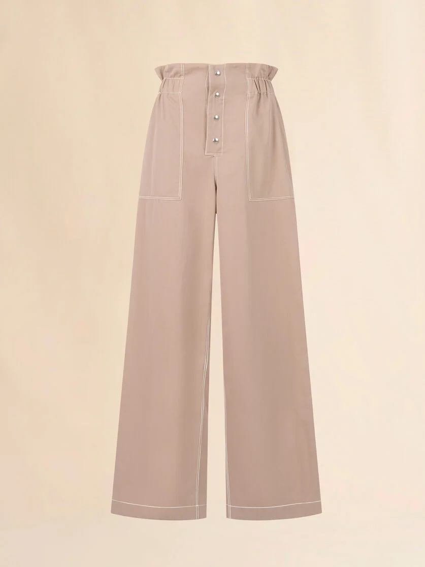 BEIGE GABARDINE PANTS WITH PAPERBAG WAIST - 1