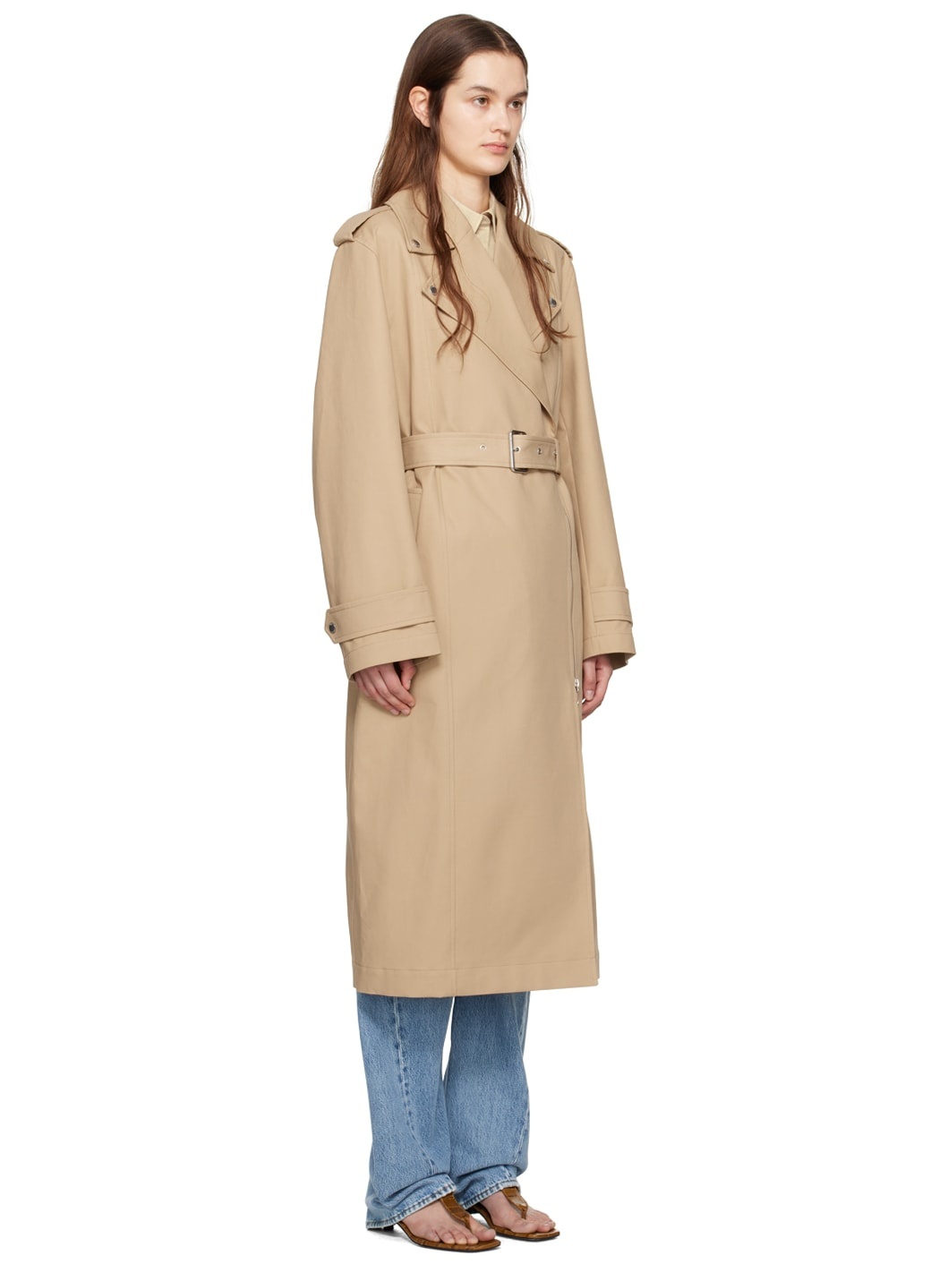 Beige Notched Lapel Trench Coat - 2