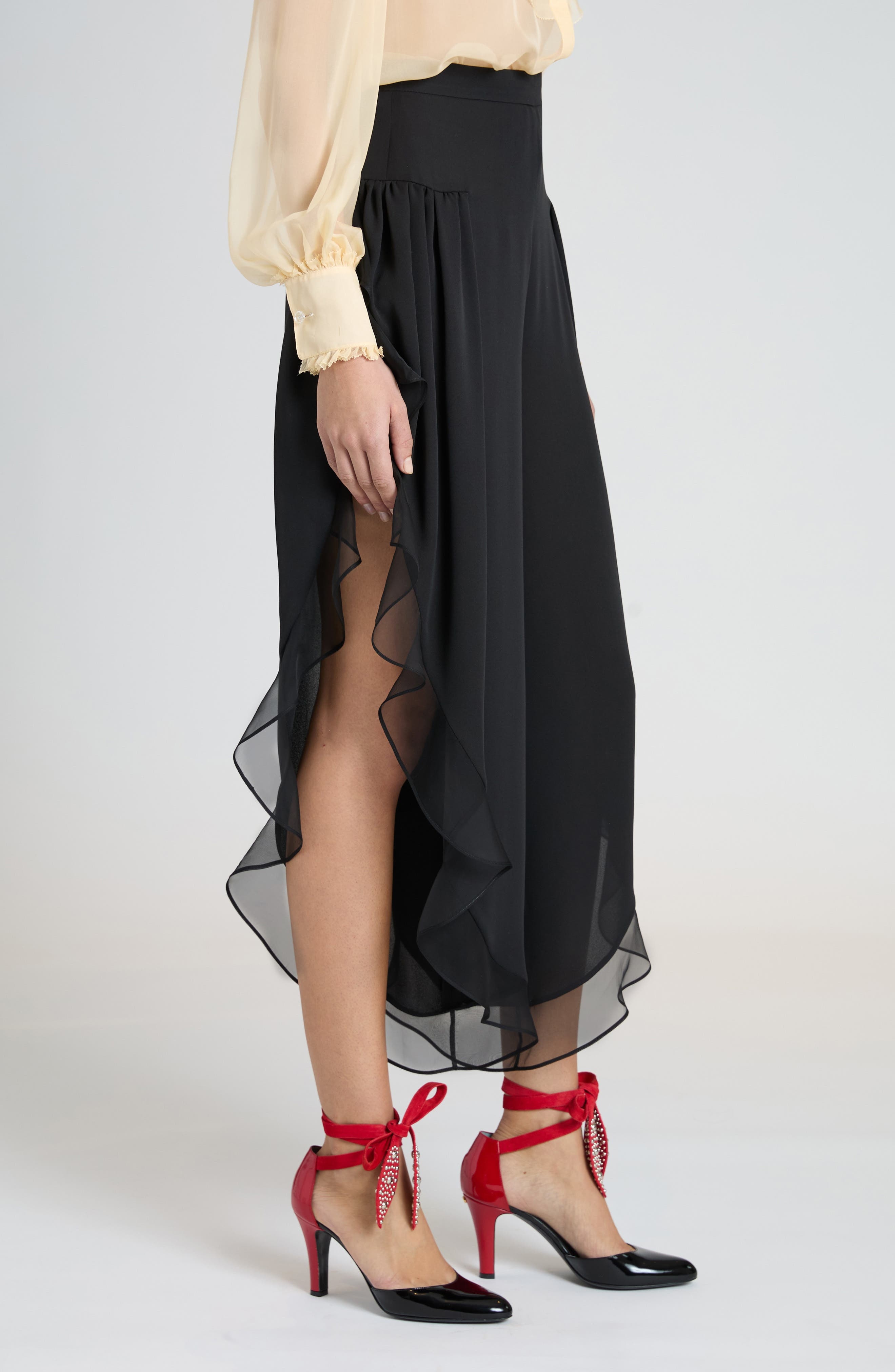 Valentino Garavani Ruffle Silk Georgette Pants in Nero at Nordstrom - 3