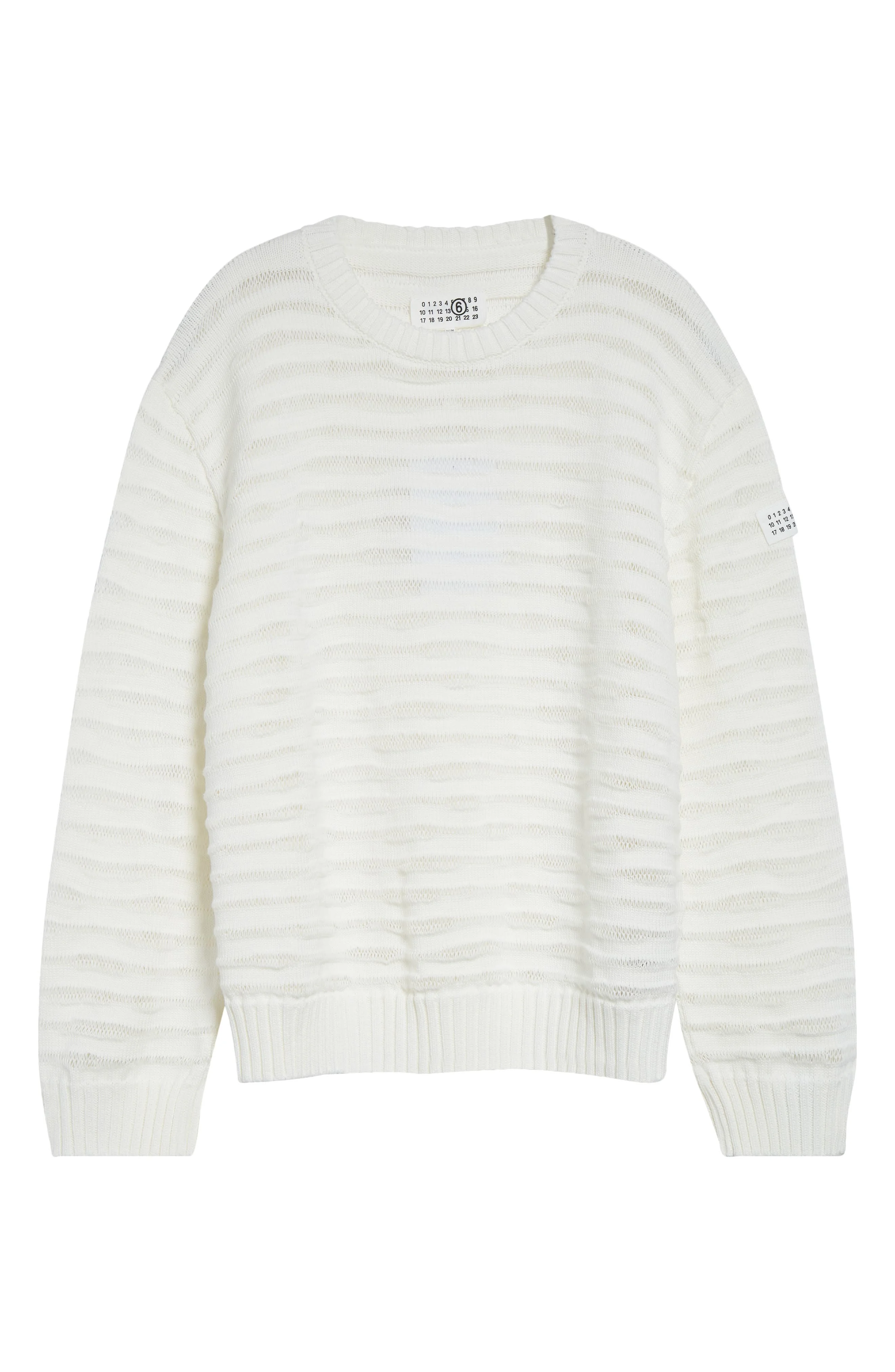 MM6 Maison Margiela Open Knit Stripe Cotton Crewneck Sweater in Off White at Nordstrom - 1