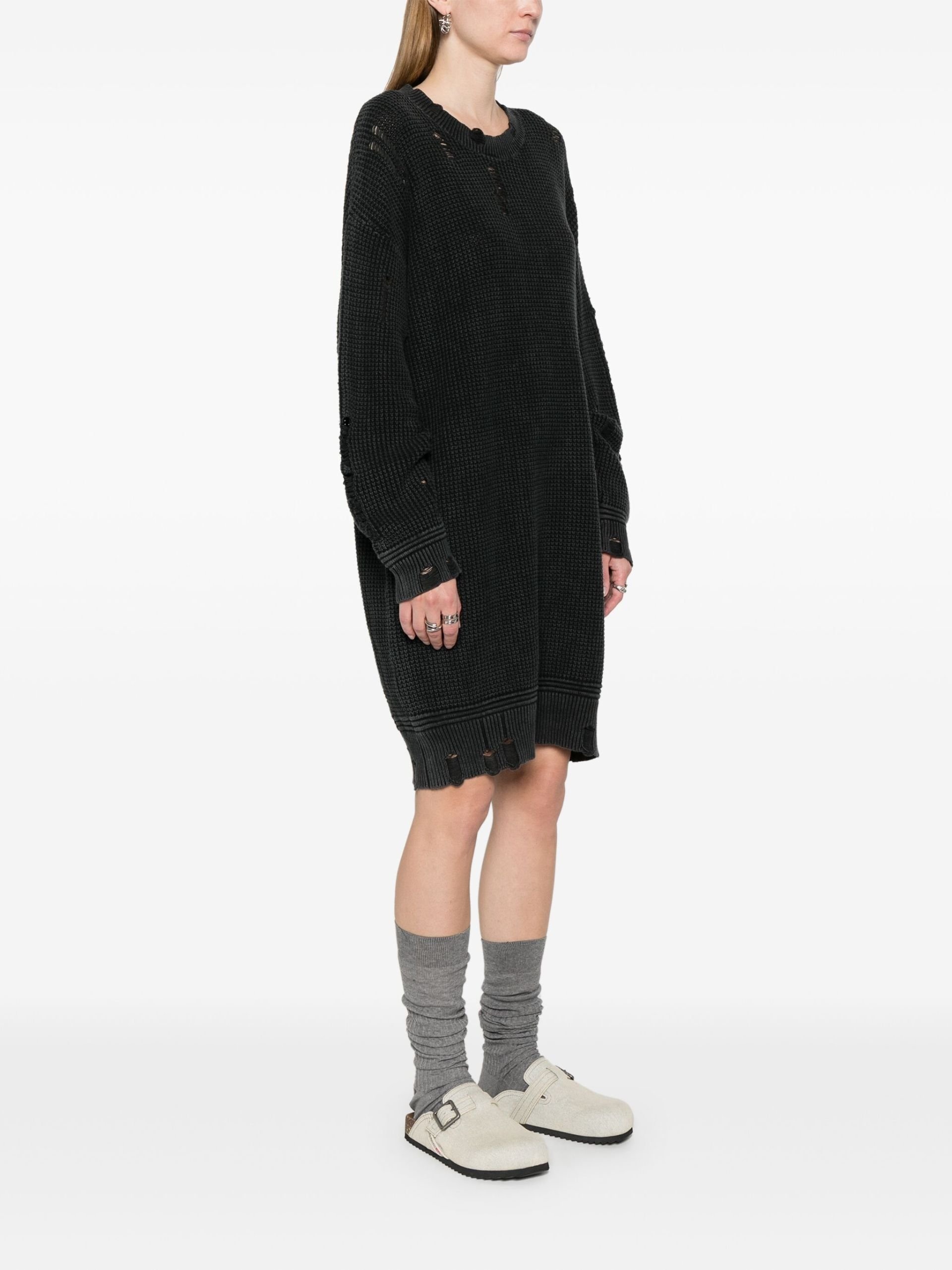 Black Distressed Knitted Cotton Dress - 3