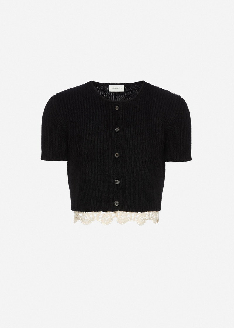 Short-sleeve crochet-trim cropped cardigan in black 1