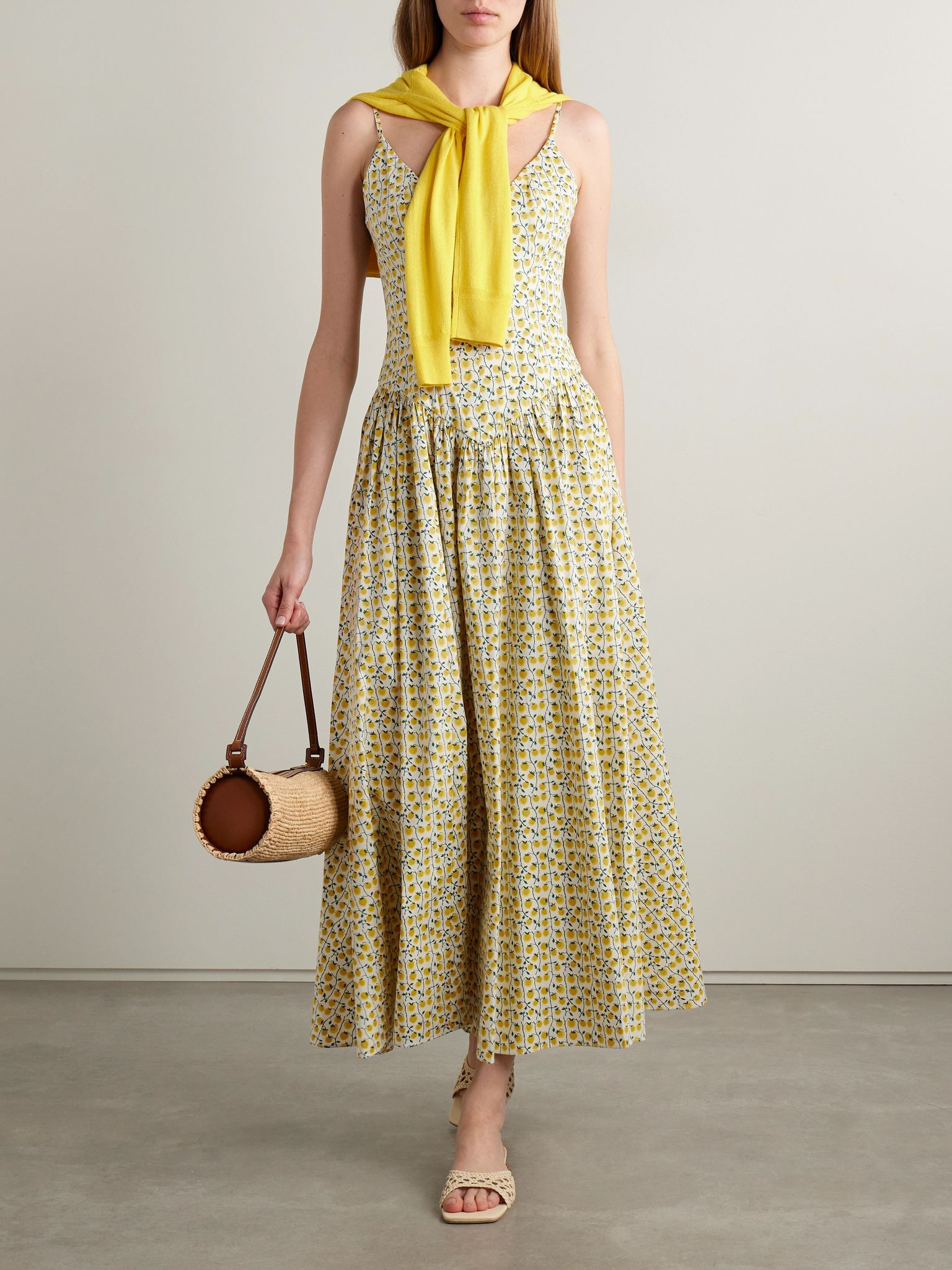 Dena pleated printed cotton-blend poplin maxi dress Pastel yellow - 2