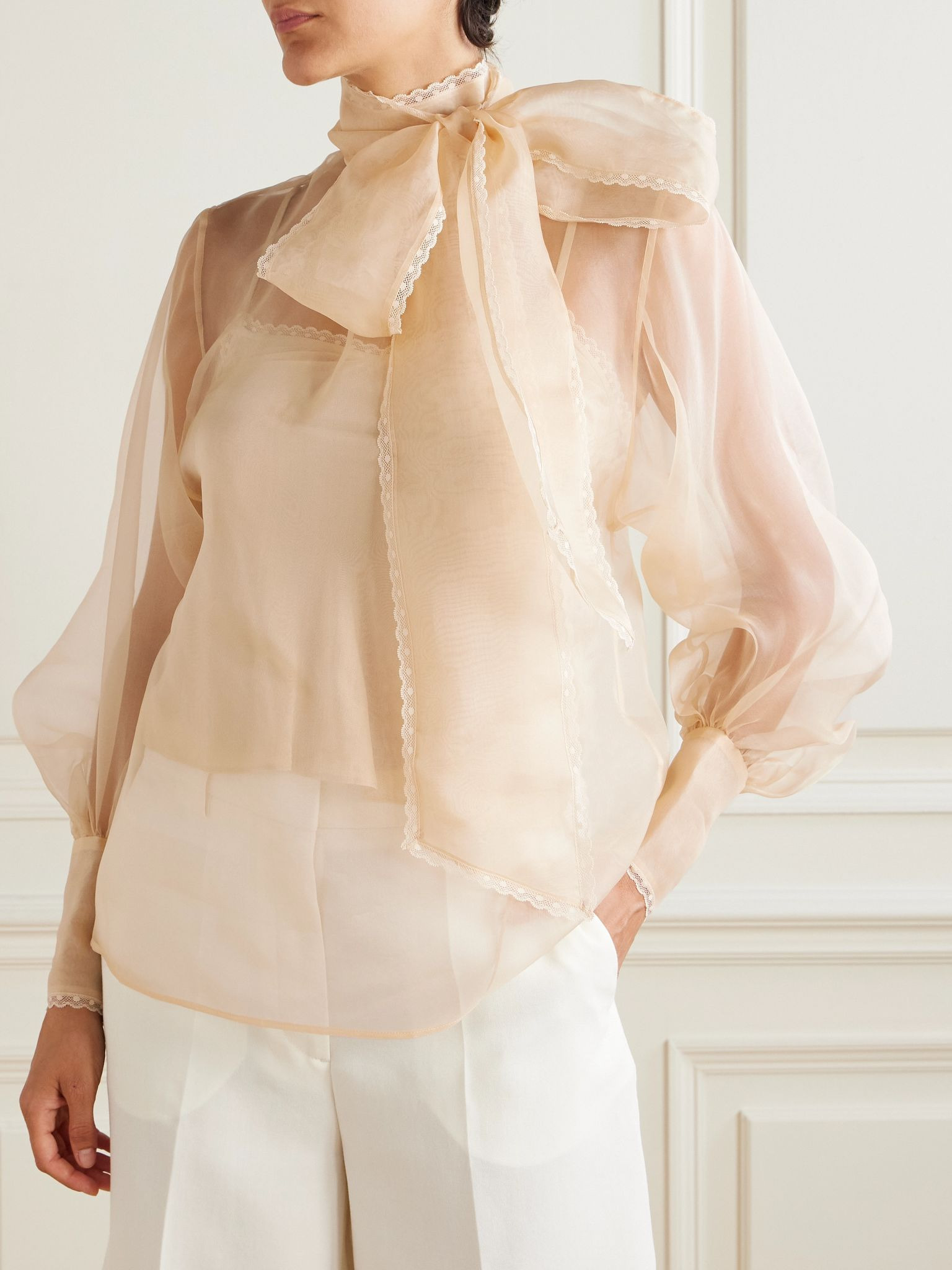 Pussy-bow lace-trimmed silk-organza blouse Blush - 3
