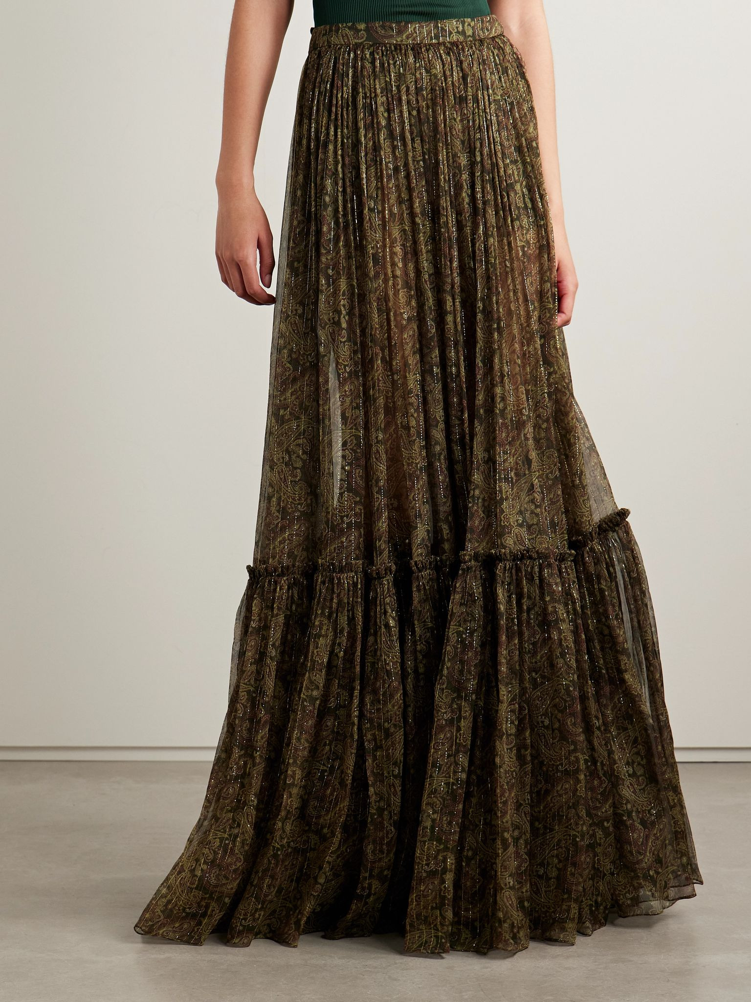 Tiered metallic paisley-print silk-blend crepon maxi skirt Green - 3