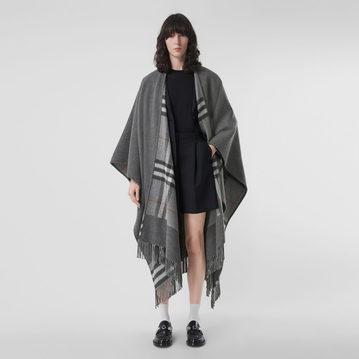 Reversible Check Wool Cashmere Cape - 2