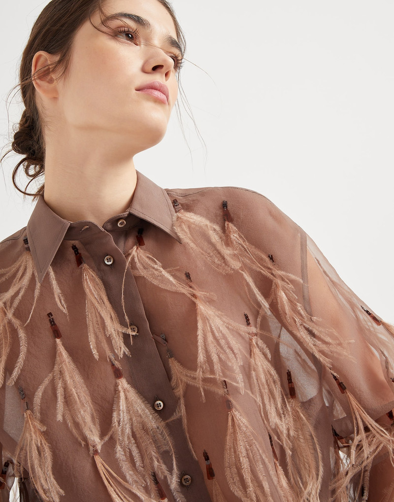 Crispy silk shirt with dazzling feather embroidery 3