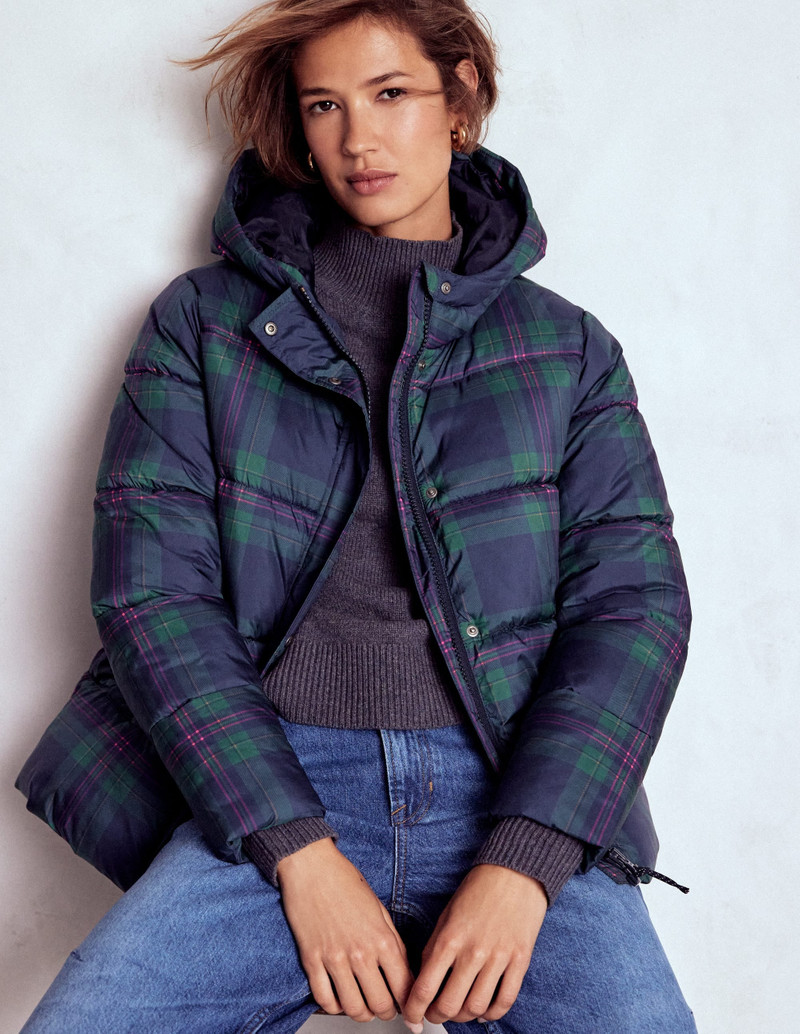 Padded Puffer Coat-Navy & Green Tonal Check 6